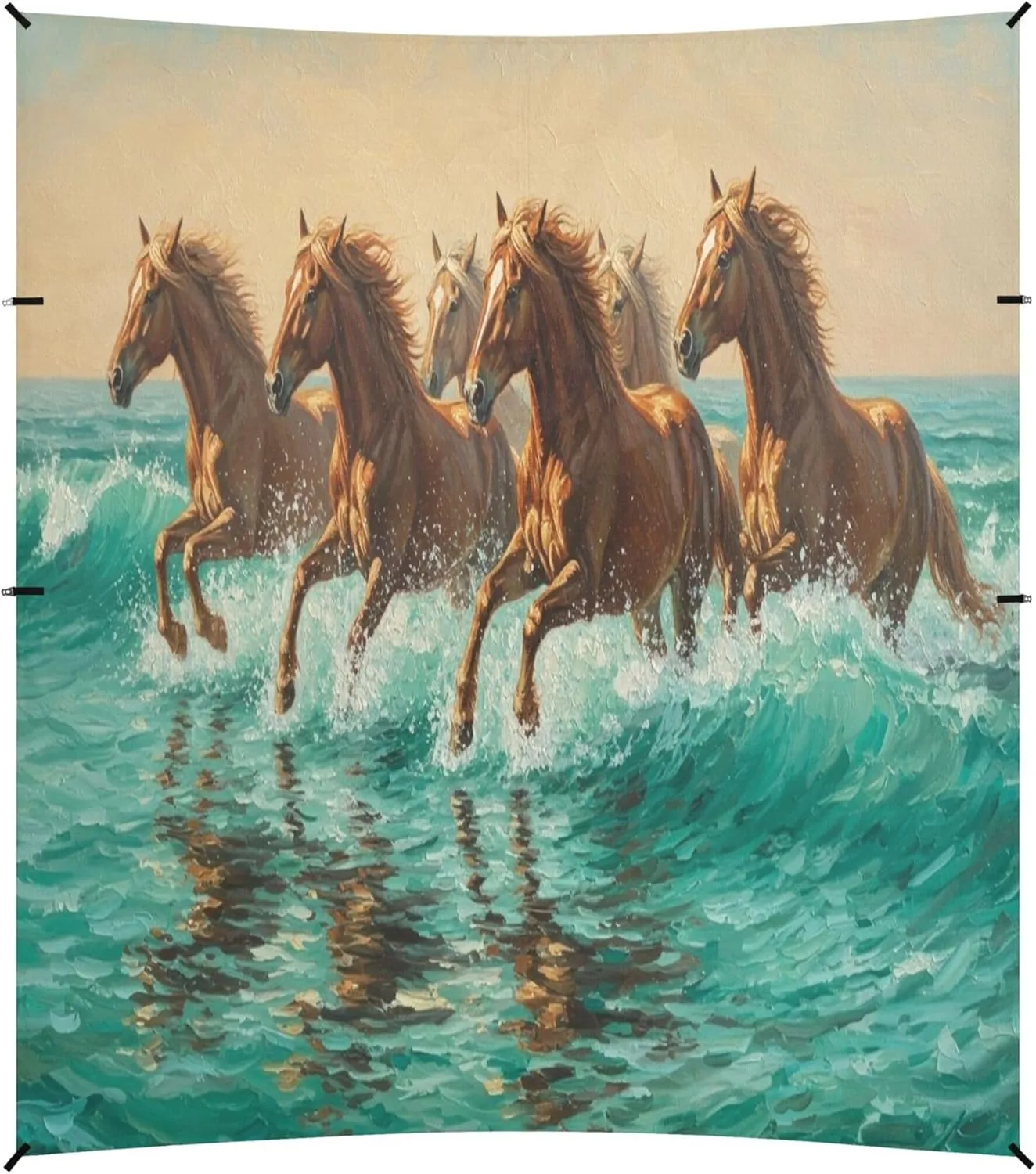 Burbuja Horses Galloping in The Sea Beach Canopy Windproof Beach Tent Sun Shade with 4 Sandbags & Sand Shovel, Portable Sun Shelter for Family Camping Picnic