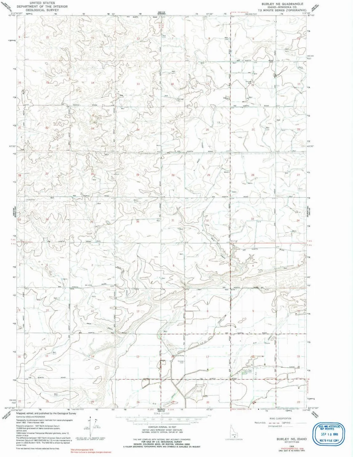 Burley NE ID topo map, 1:24000 Scale, 7.5 X 7.5 Minute, Historical, 1964, Updated 1991, 26.8 x 22 in