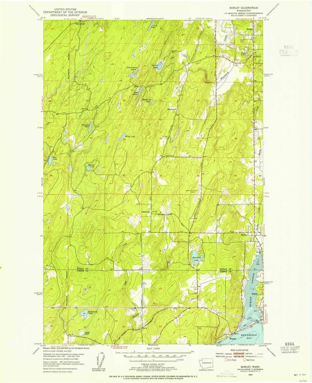 Burley WA topo map, 1:24000 Scale, 7.5 X 7.5 Minute, Historical, 1953, Updated 1954, 26.9 x 22 in