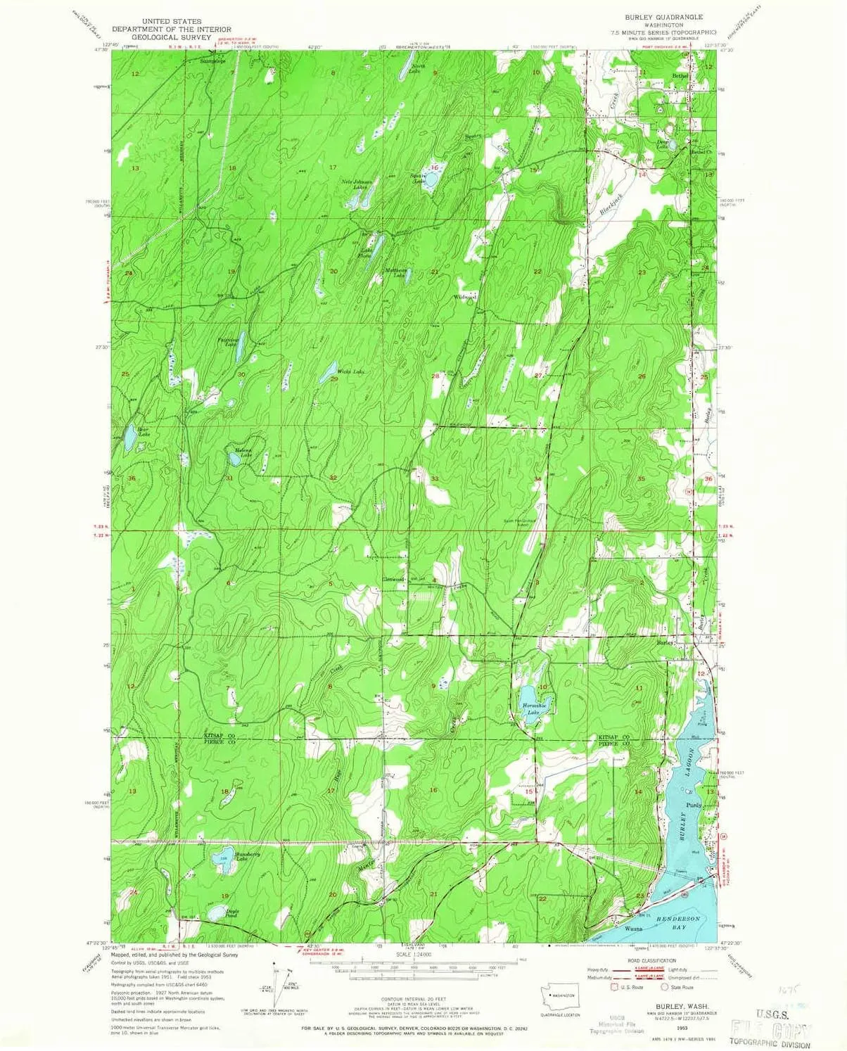 Burley WA topo map, 1:24000 Scale, 7.5 X 7.5 Minute, Historical, 1953, Updated 1966, 26.9 x 22 in