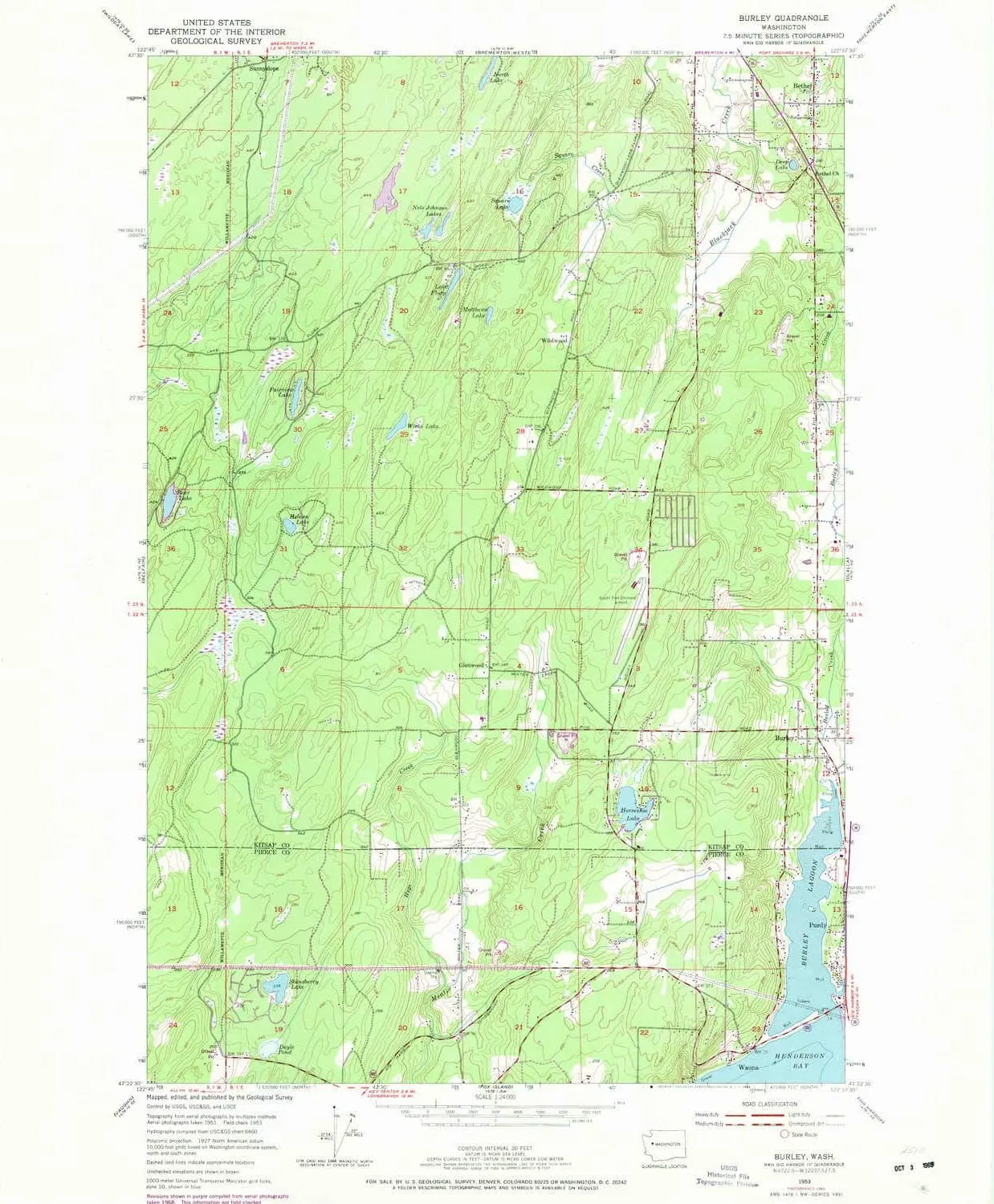 Burley WA topo map, 1:24000 Scale, 7.5 X 7.5 Minute, Historical, 1953, Updated 1969, 26.7 x 22.1 in