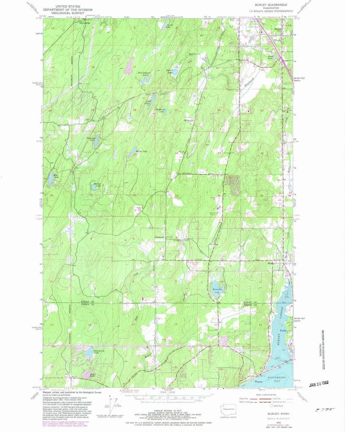 Burley WA topo map, 1:24000 Scale, 7.5 X 7.5 Minute, Historical, 1953, Updated 1982, 26.7 x 22 in