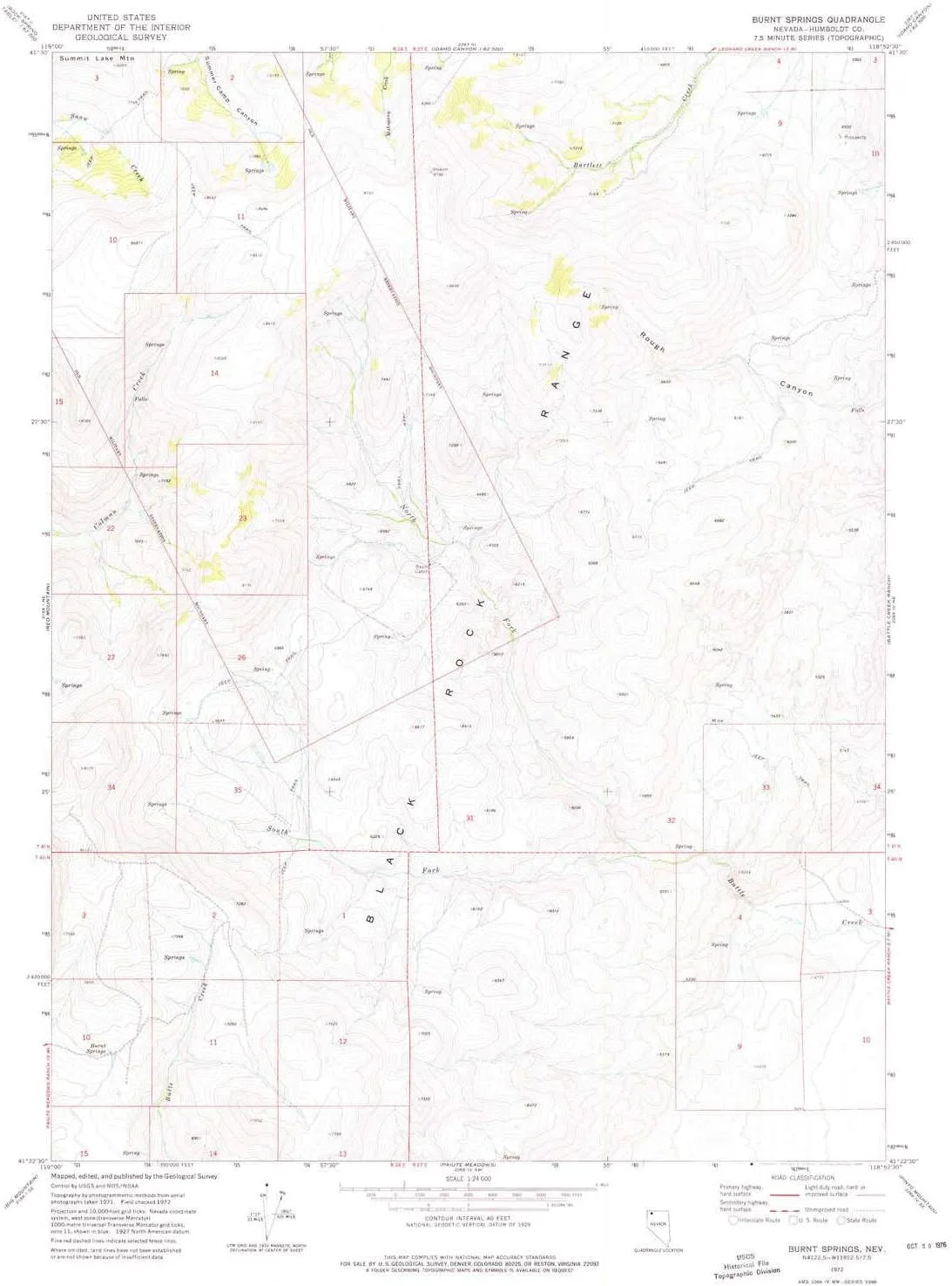 Burnt Springs NV topo map, 1:24000 Scale, 7.5 X 7.5 Minute, Historical, 1972, Updated 1976, 26.9 x 21.9 in