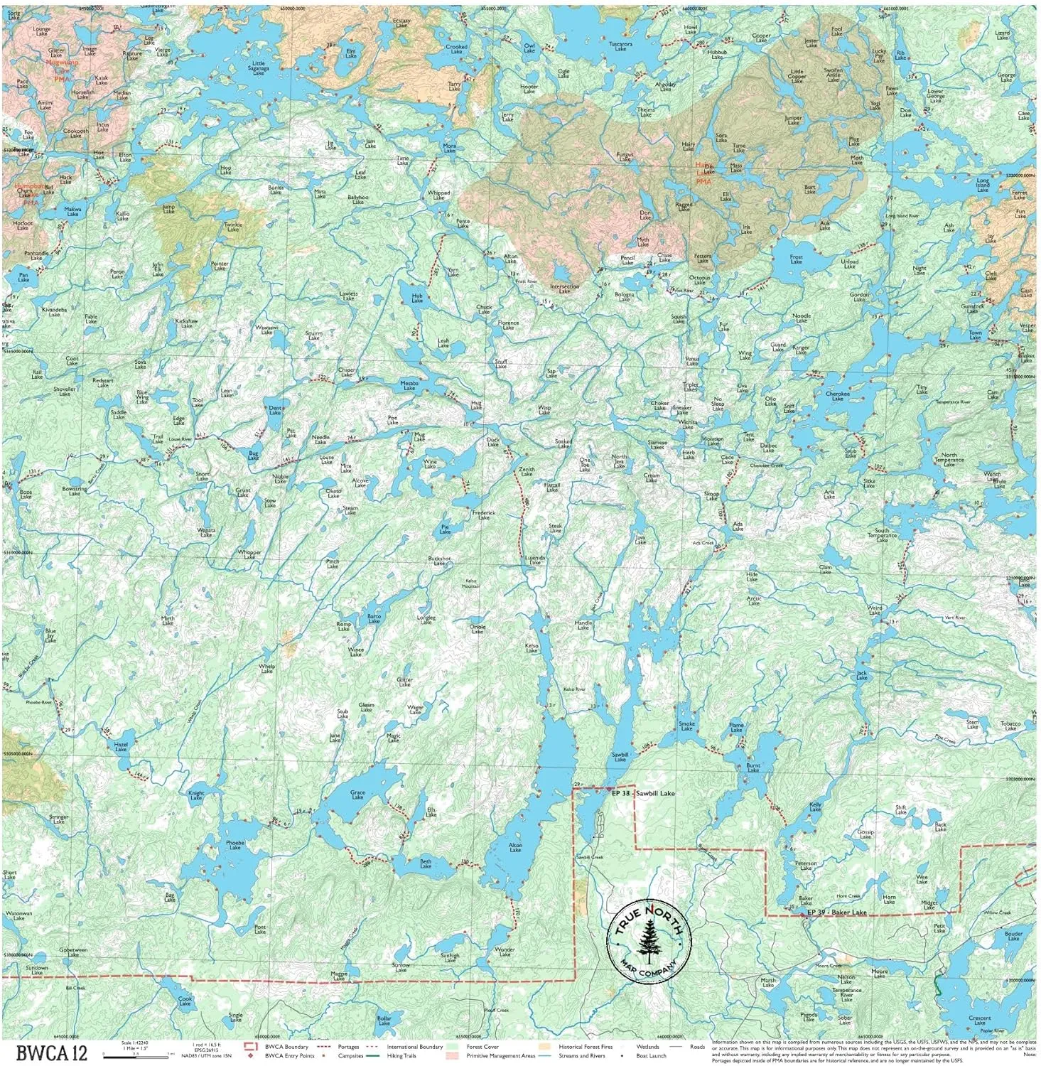BWCA Map - BWCA 12 – Waterproof, Durable Cloth Map for Canoeing, Hiking, and Camping by True North Map Company