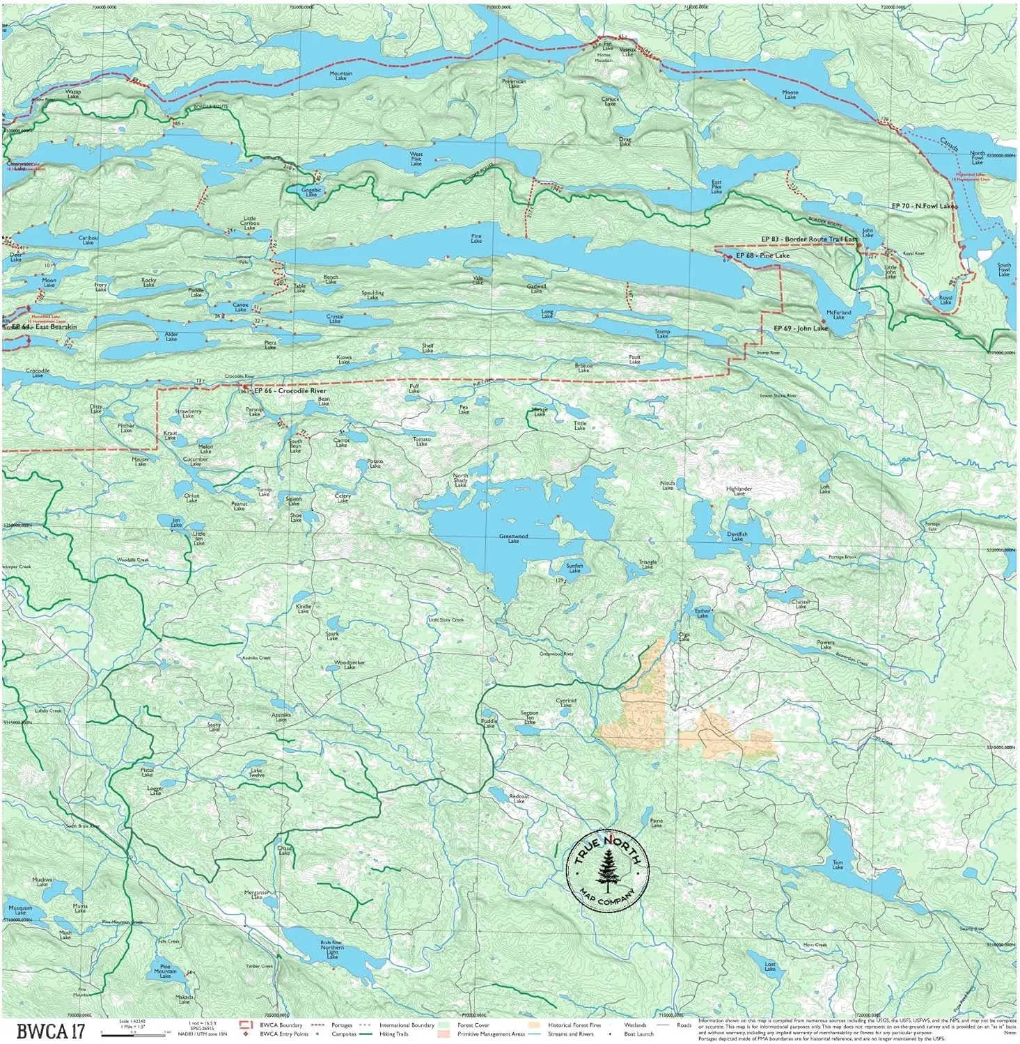BWCA Map - BWCA 17 – Waterproof, Durable Cloth Map for Canoeing, Hiking, and Camping by True North Map Company