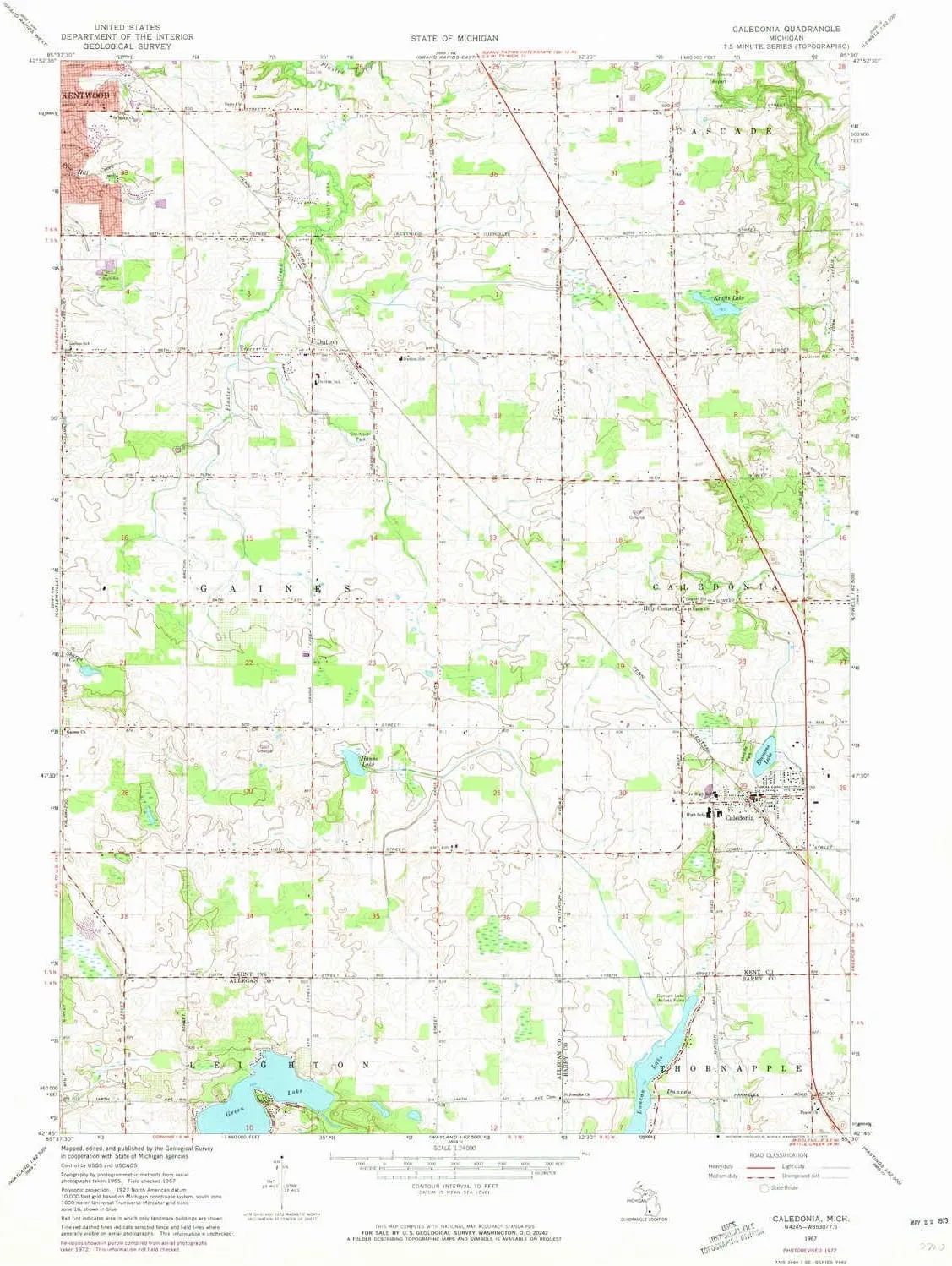 Caledonia MI topo map, 1:24000 Scale, 7.5 X 7.5 Minute, Historical, 1967, Updated 1973, 26.9 x 22 in