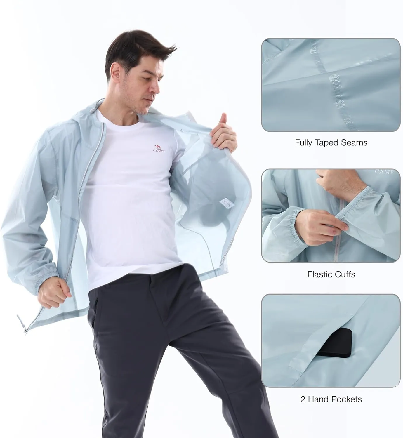 CAMEL CROWN Men's Rain Jacket Waterproof Lightweight Windproof Raincoat with Hood for Cycling Hiking Running Golf