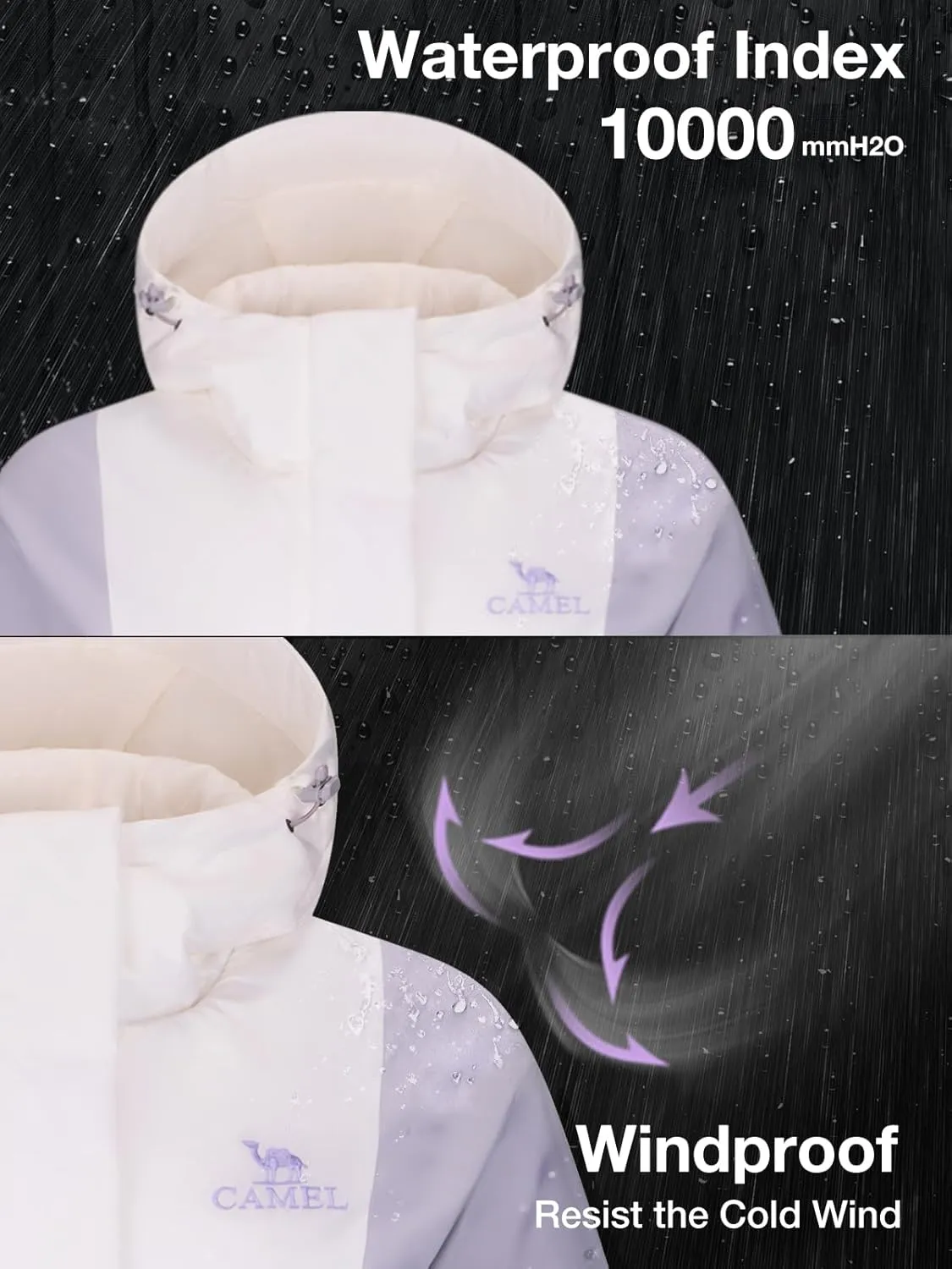 CAMEL Women's Ski Jacket Waterproof Winter Coat Warm Hooded Snowboard Jacket Windproof Mountain Rain Windbreaker