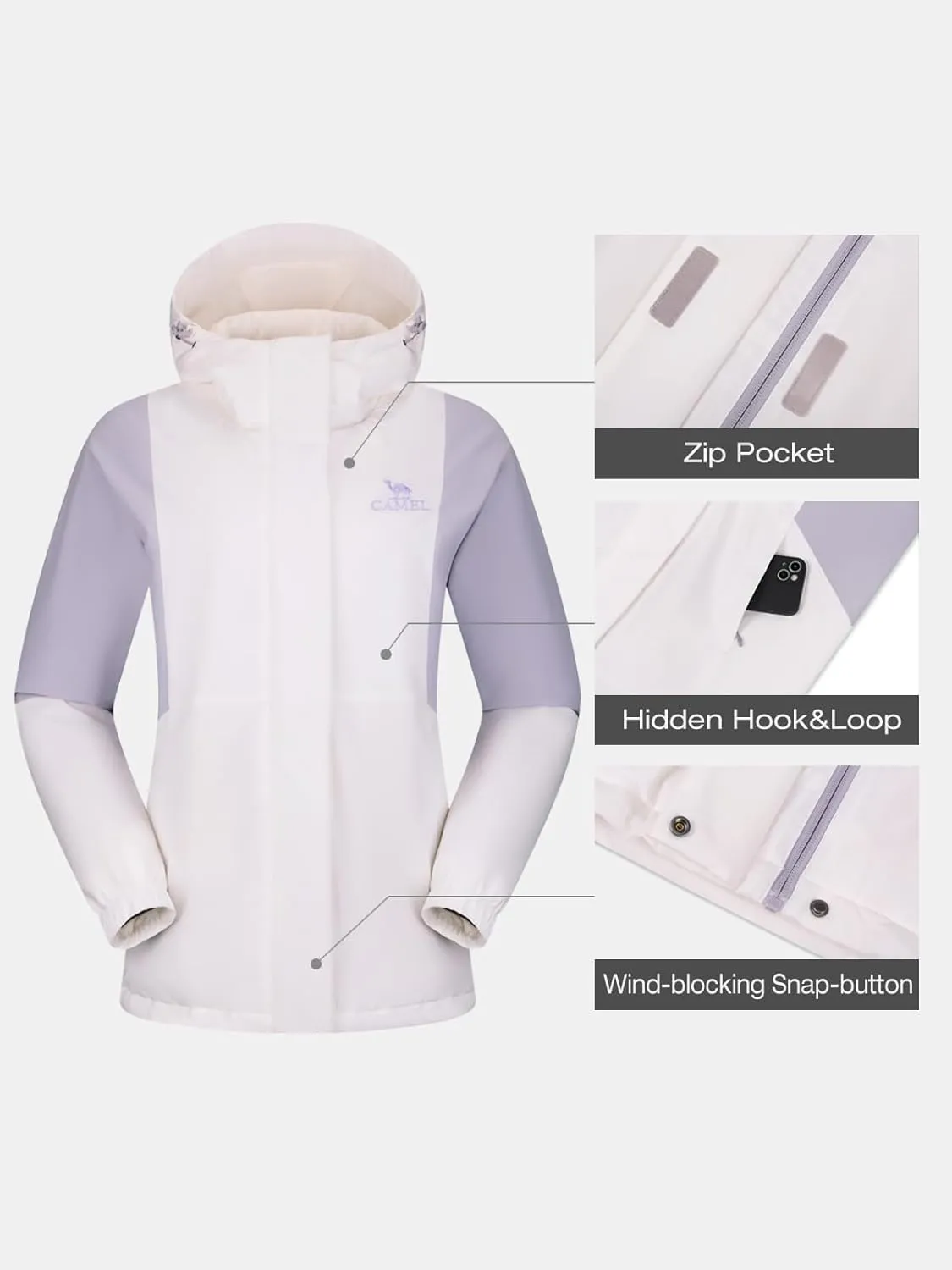 CAMEL Women's Ski Jacket Waterproof Winter Coat Warm Hooded Snowboard Jacket Windproof Mountain Rain Windbreaker