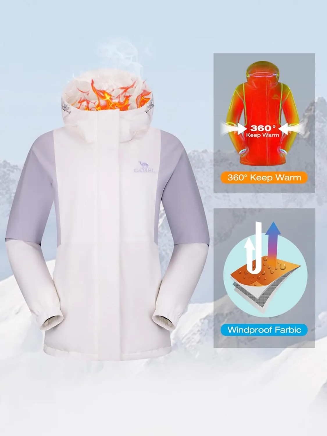 CAMEL Women's Ski Jacket Waterproof Winter Coat Warm Hooded Snowboard Jacket Windproof Mountain Rain Windbreaker