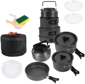 Camp Cooking Utensil Set Outdoor Kitchen Gear Cookware Kit for 4-5 Person Non-Stick Lightweight Compact Pots Set with 1.1L Kettle Survival Cooking Kit for Outdoor Picnic Hiking Picnic