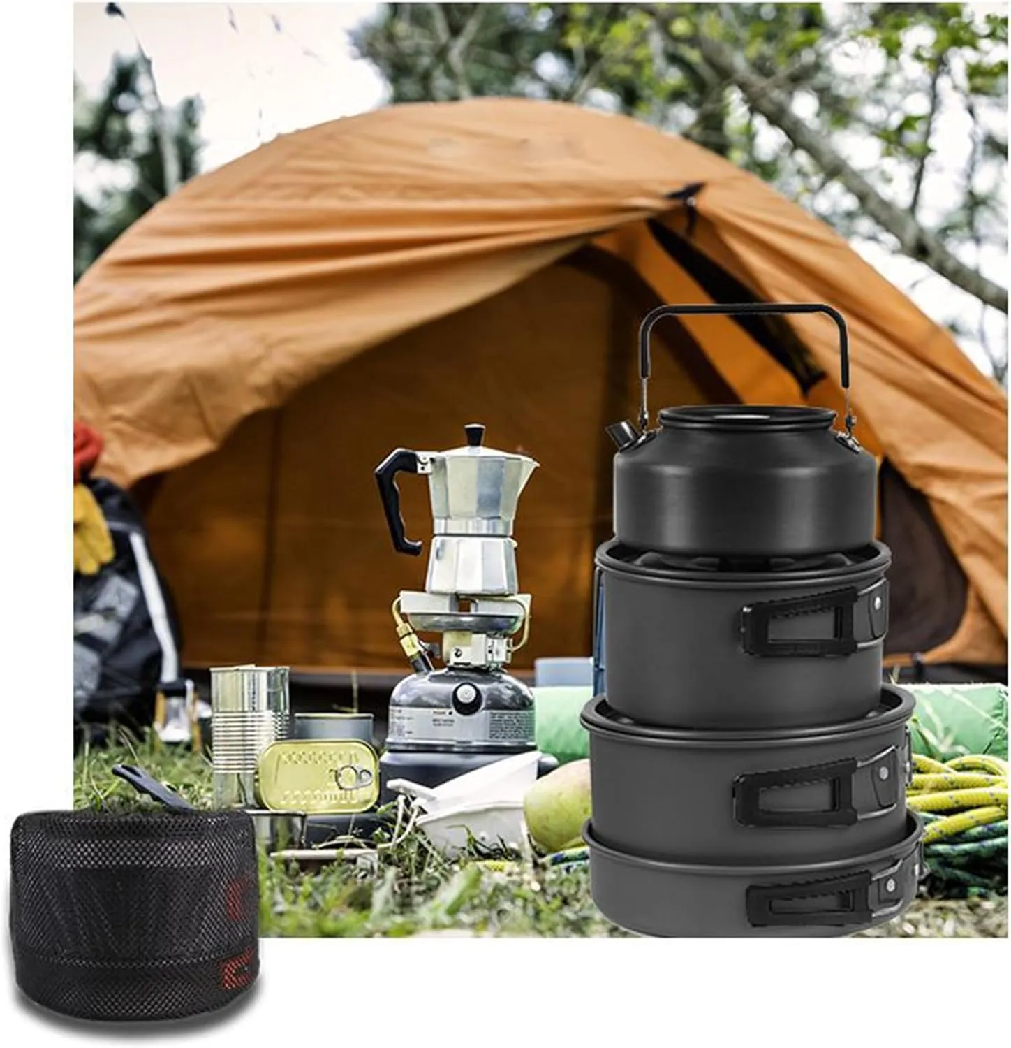 Camping Cooking Set for 4-5 Person Ultralight Backpacking Cooking Utensils Gear Camping Cookware Set with Kettle Non-Stick Compact Pot Set for Outdoor Cooking Hiking and Picnics
