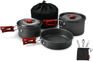 Camping Cookware Mess Kit Lightweight Backpacking Cooking Set 2-3 Person Non-Stick Compact Camping Pot Set with Foldable Tableware and 3 Bowls for Outdoor Cooking Hiking and Picnics