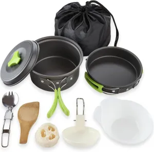 Camping Cookware Set, 9 Pcs Portable Cooking Mess Kit Backpacking Gear with Non-Stick Pot and Pans Folding Tableware for Camping Hiking Picnic, Green