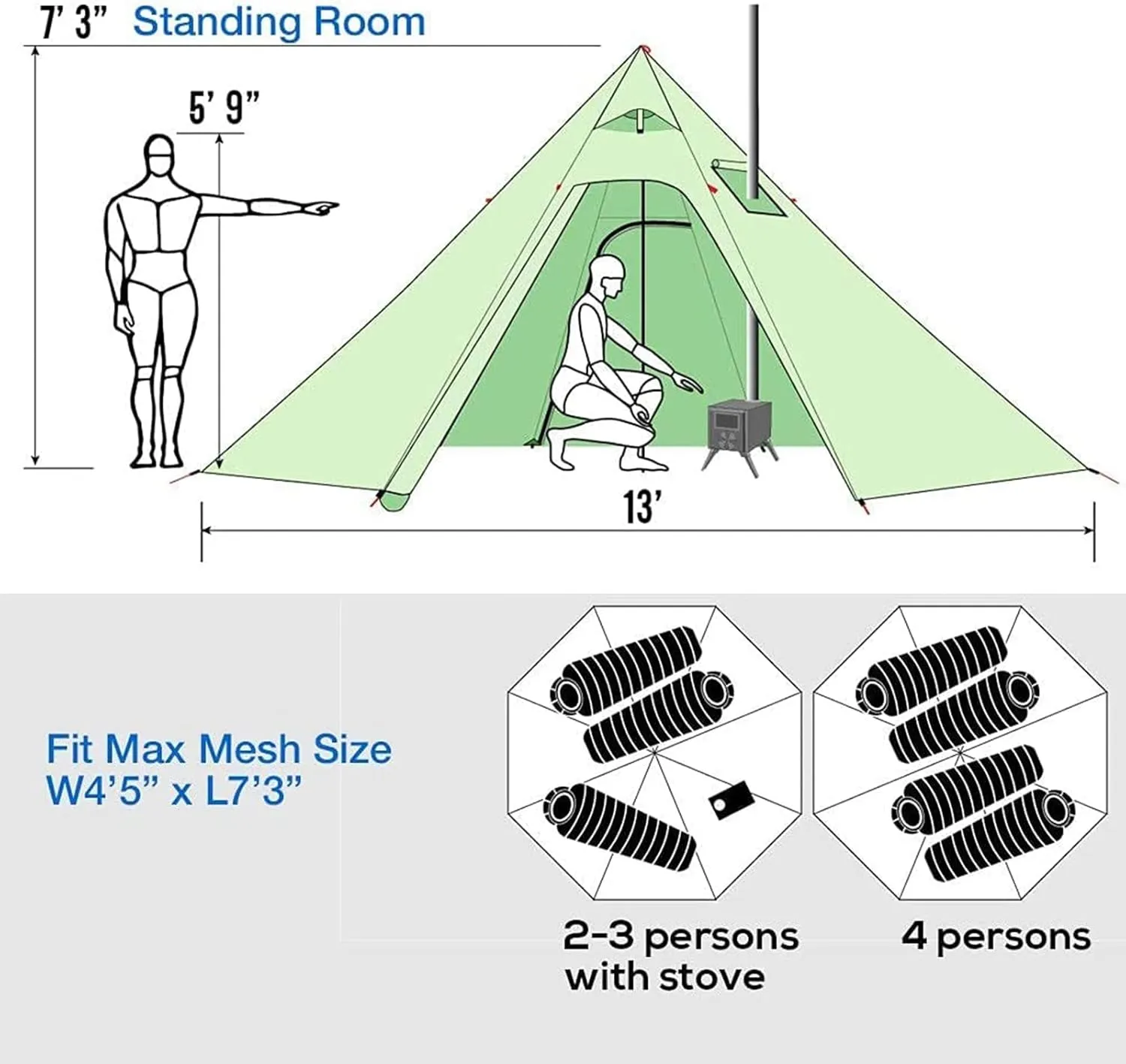 Camping Pyramid Tent for 3/4 Person - Ultralight Waterproof Camping Tent | Lightweight Pyramid Outdoor Easy Tents with Square Chimney Window for Backpacking, Hiking Accessories (Green 3)
