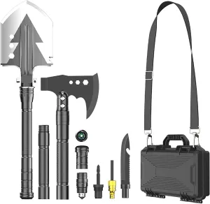 Camping Shovel Survival Axe Multifunctional Folding Shovel Tool Set with Handle Shovelhead High Carbon Stainless Steel with Storage Pouch for Camping, Cycling, Hiking
