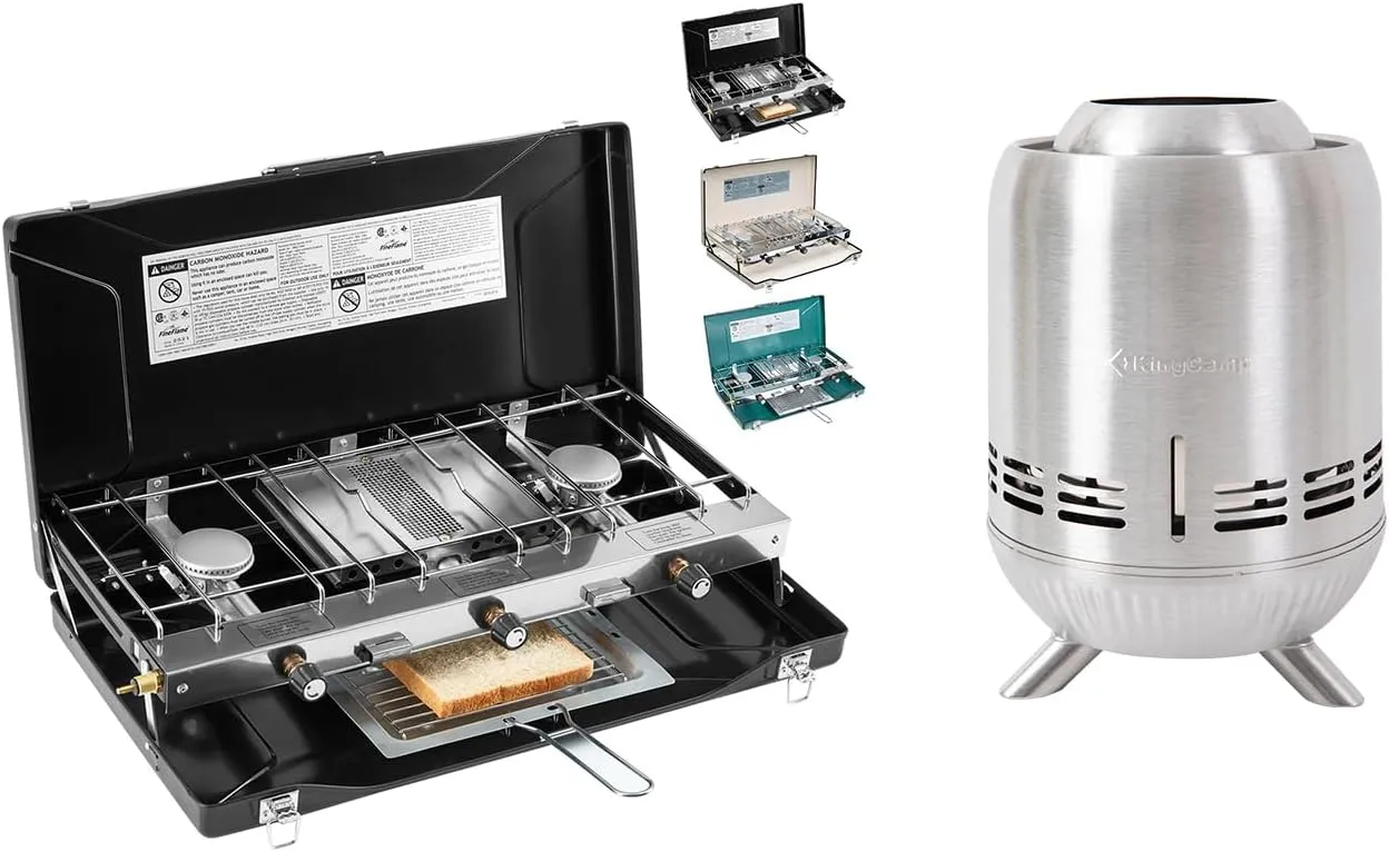 Camping Stove 3 Burner 20400 BTU Propane Portable Stove with 6.4 * 9.1IN Smokeless Tabletop Fire Pit with Stand