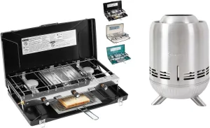 Camping Stove 3 Burner 20400 BTU Propane Portable Stove with 6.4 * 9.1IN Smokeless Tabletop Fire Pit with Stand