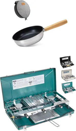 Camping Stove 3 Burner 20400 BTU Propane Portable Stove with 8" Frying Pan Skillet 304 Stainless Steel Nonstick Cookware