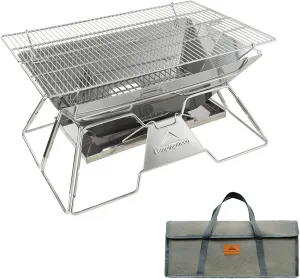 Campingmoon Portable Camping Fire Pit,Foldable Stainless Steel Grill Gate Foldable BBQ for Travel with Carrying Bag 5-6 People