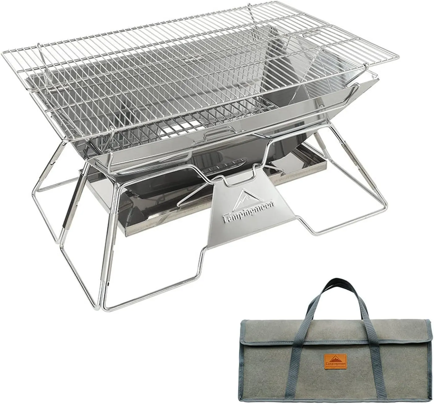 Campingmoon Portable Camping Fire Pit,Foldable Stainless Steel Grill Gate Foldable BBQ for Travel with Carrying Bag 5-6 People