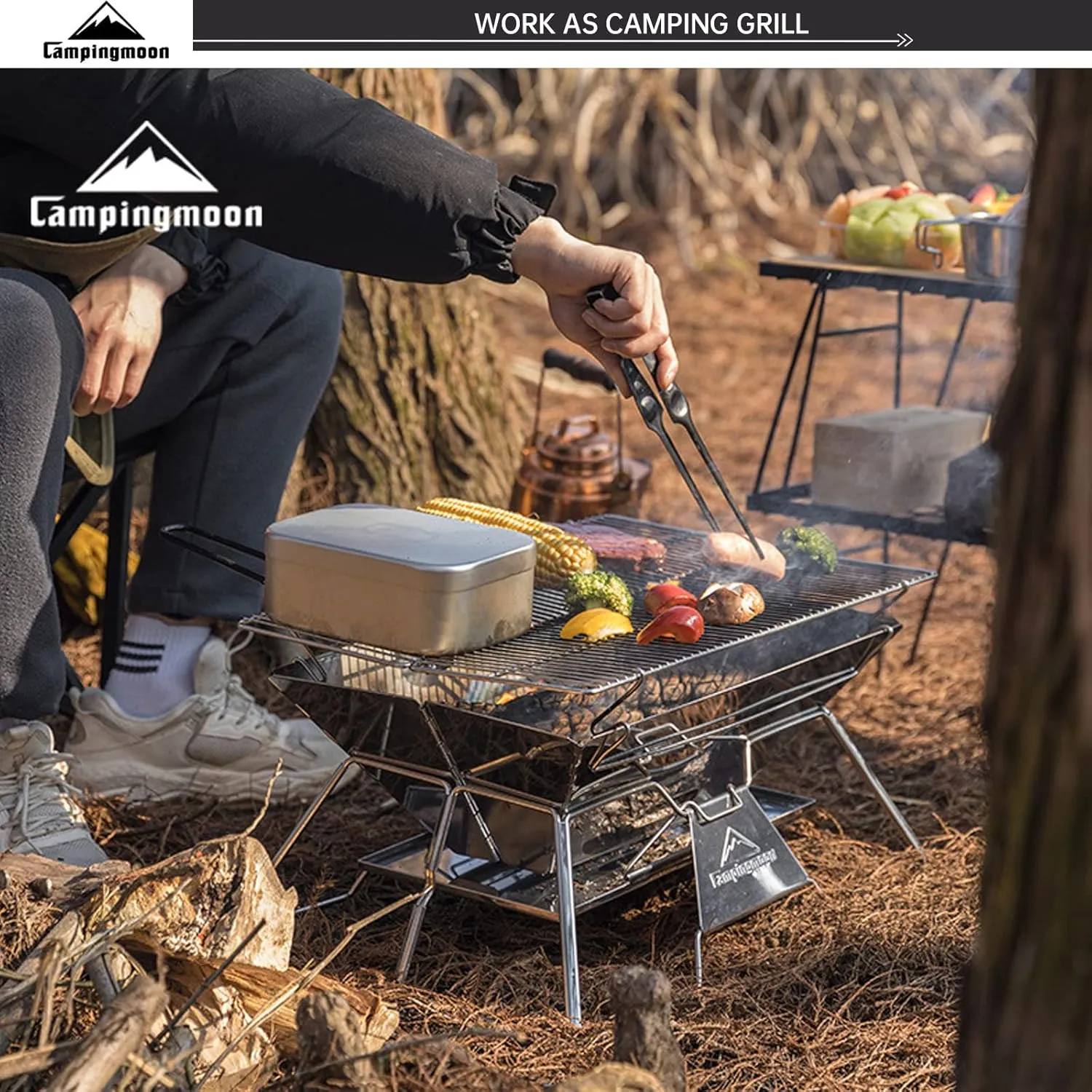 Campingmoon Portable Camping Fire Pit,Foldable Stainless Steel Grill Gate Foldable BBQ for Travel with Carrying Bag 5-6 People