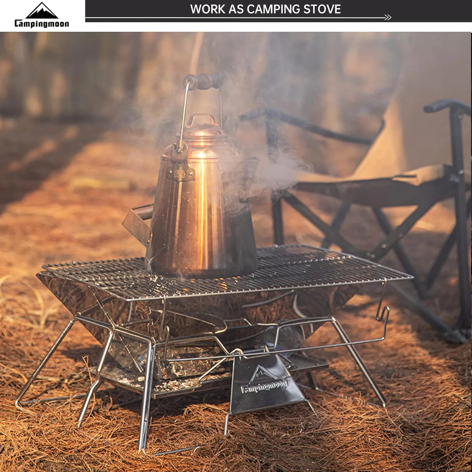 Campingmoon Portable Camping Fire Pit,Foldable Stainless Steel Grill Gate Foldable BBQ for Travel with Carrying Bag 5-6 People