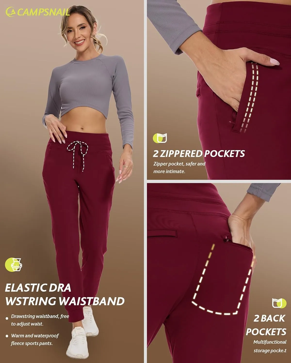 CAMPSNAIL Fleece Lined Joggers Women - Water Resistant Thermal Winter Sweatpants Running Hiking Yoga with Pockets