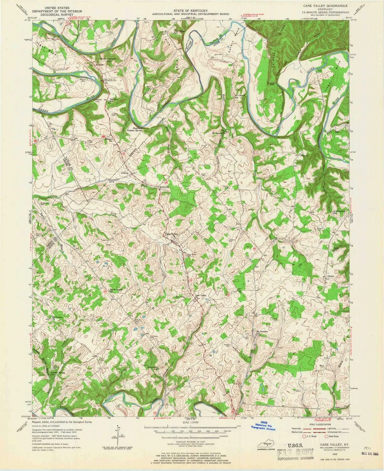 Cane Valley KY topo map, 1:24000 Scale, 7.5 X 7.5 Minute, Historical, 1953, Updated 1965, 27 x 22 in
