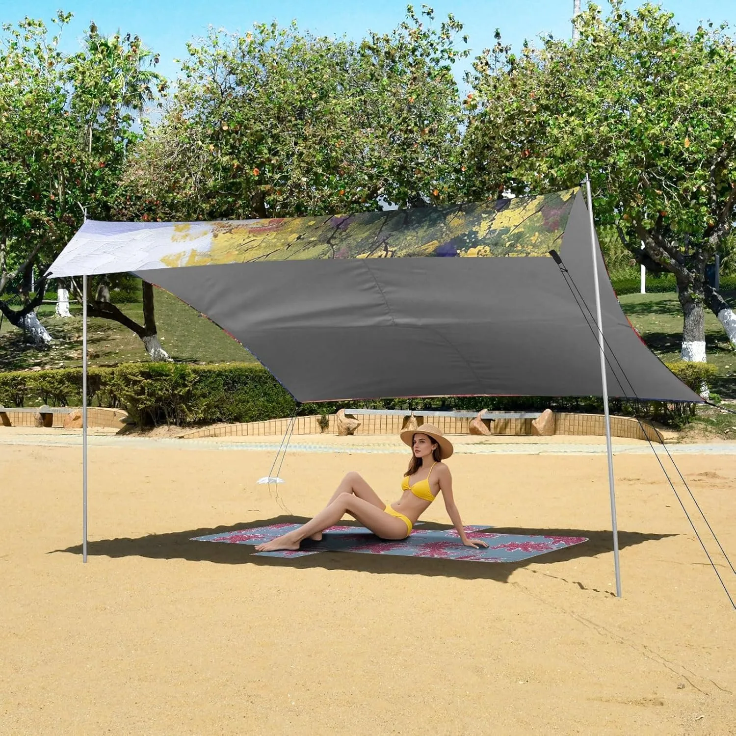 Canopy Beach Tent 9.2 × 10.5 FT Sun Shade Outdoor Patio Painting Colorful Flowers Trail Kids Travel Camping Sun Shelter Windproof with Poles Sandbags Easy