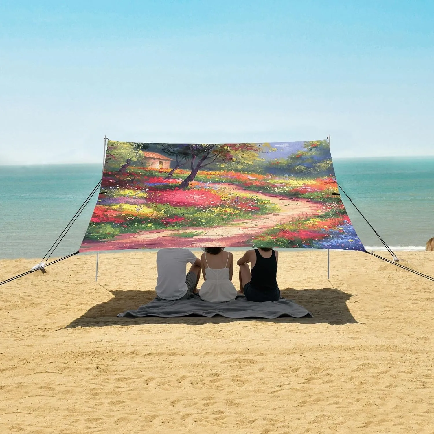 Canopy Beach Tent 9.2 × 10.5 FT Sun Shade Outdoor Patio Painting Colorful Flowers Trail Kids Travel Camping Sun Shelter Windproof with Poles Sandbags Easy