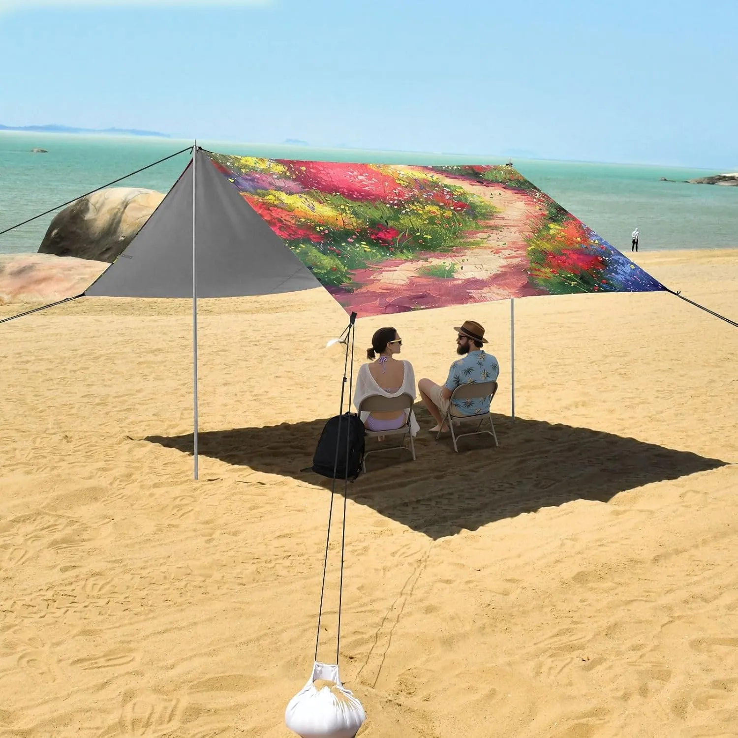 Canopy Beach Tent 9.2 × 10.5 FT Sun Shade Outdoor Patio Painting Colorful Flowers Trail Kids Travel Camping Sun Shelter Windproof with Poles Sandbags Easy
