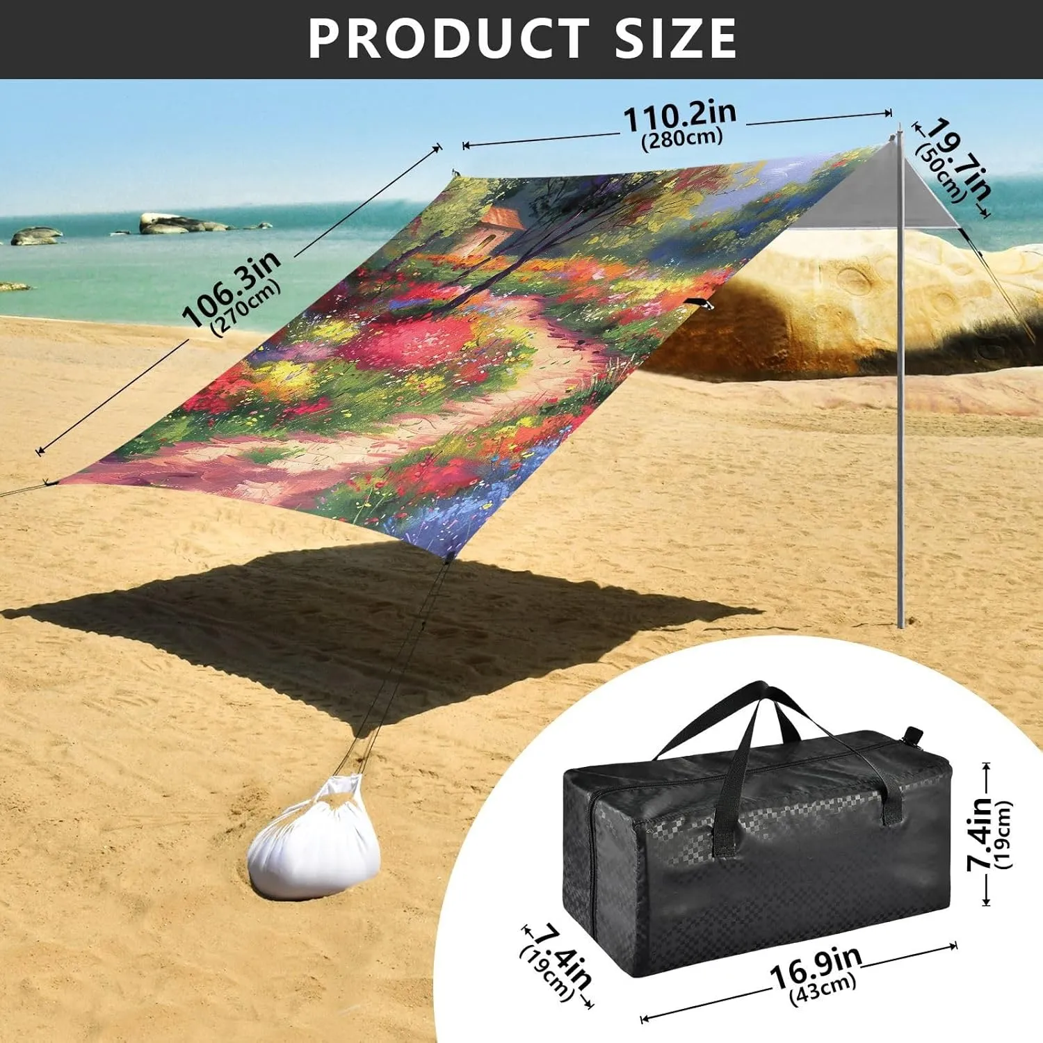 Canopy Beach Tent 9.2 × 10.5 FT Sun Shade Outdoor Patio Painting Colorful Flowers Trail Kids Travel Camping Sun Shelter Windproof with Poles Sandbags Easy