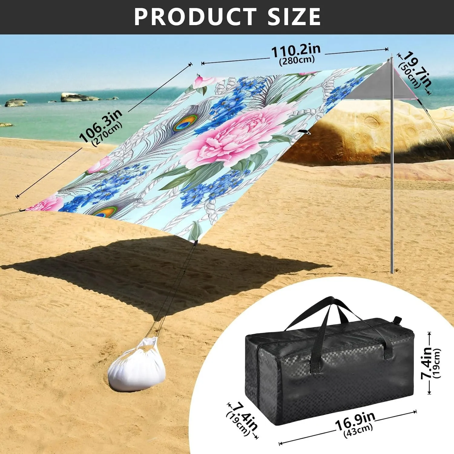 Canopy Beach Tent Outdoor Patio Shade Cute Large Travel Camping Sun Shelter with Poles Sand Anchor Sunshade 9.2 × 10.5 FT Floral Pink Peony Peacock Blue