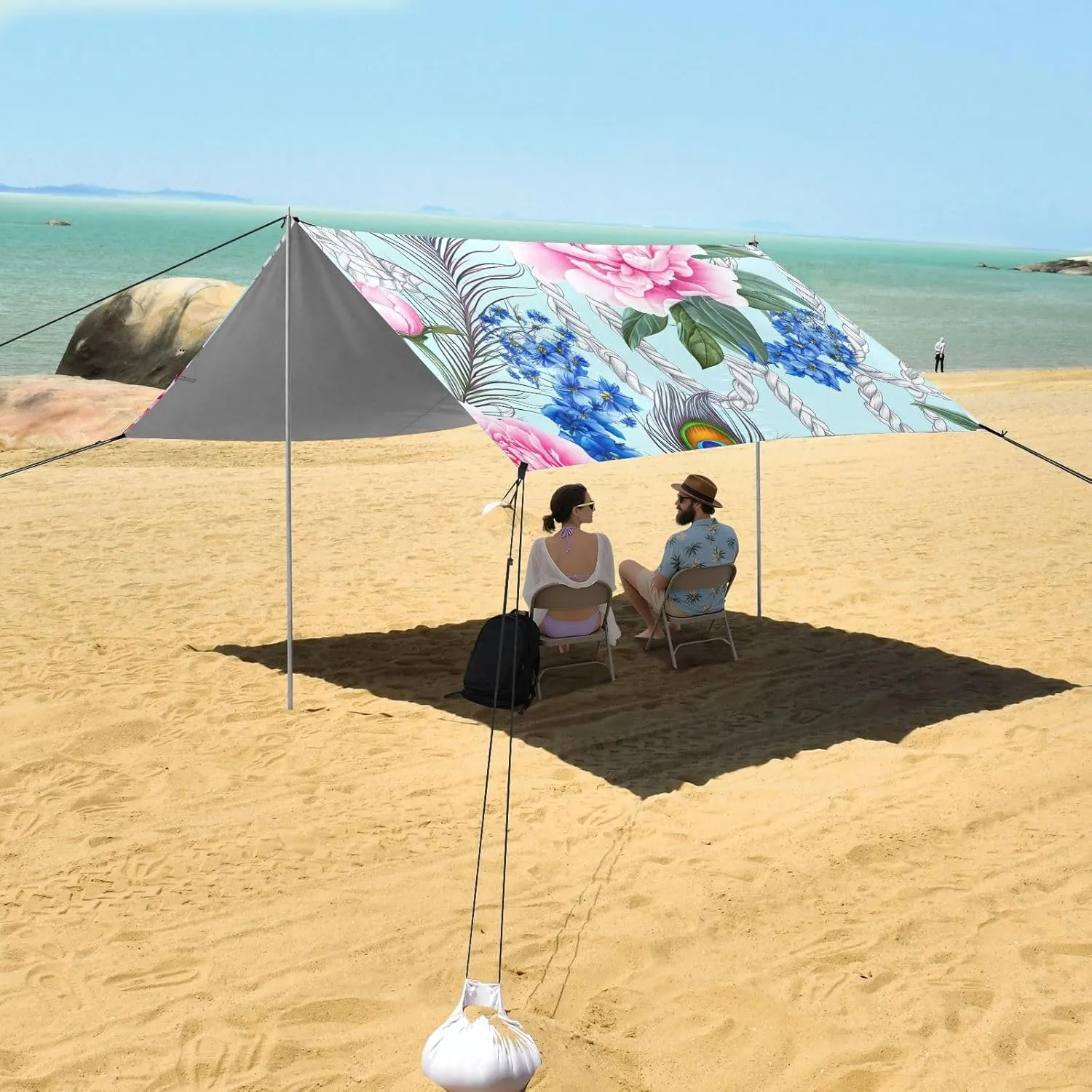 Canopy Beach Tent Outdoor Patio Shade Cute Large Travel Camping Sun Shelter with Poles Sand Anchor Sunshade 9.2 × 10.5 FT Floral Pink Peony Peacock Blue