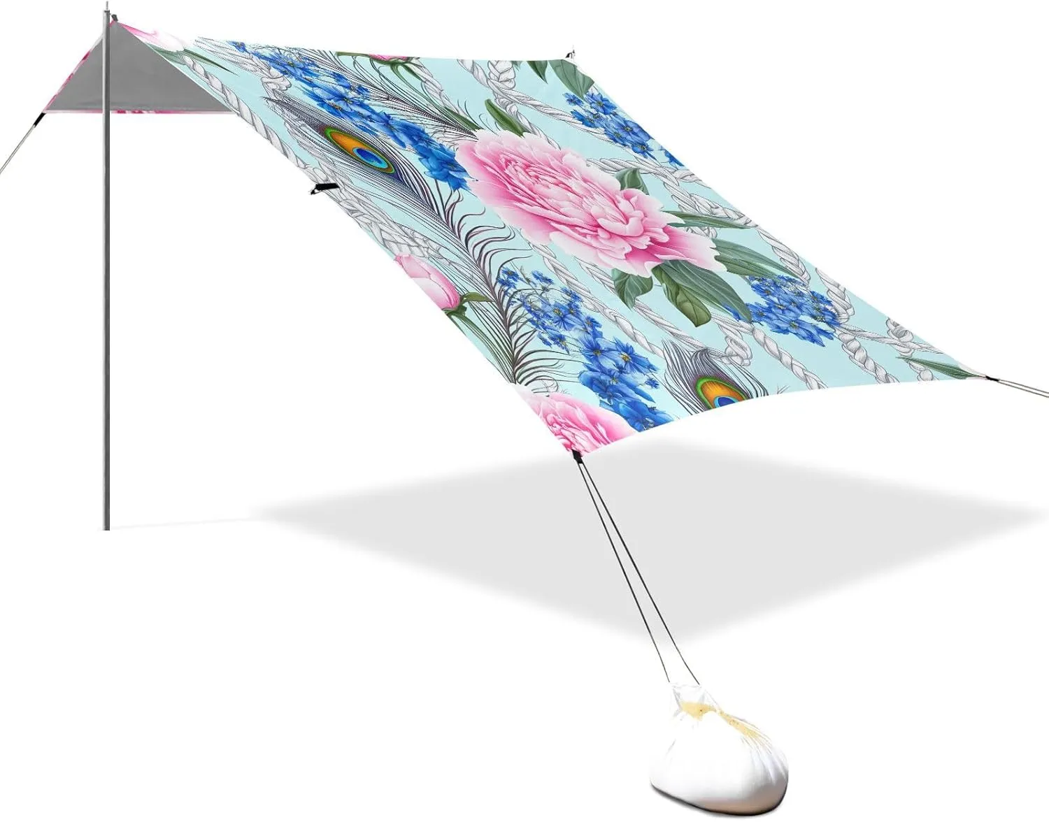 Canopy Beach Tent Outdoor Patio Shade Cute Large Travel Camping Sun Shelter with Poles Sand Anchor Sunshade 9.2 × 10.5 FT Floral Pink Peony Peacock Blue