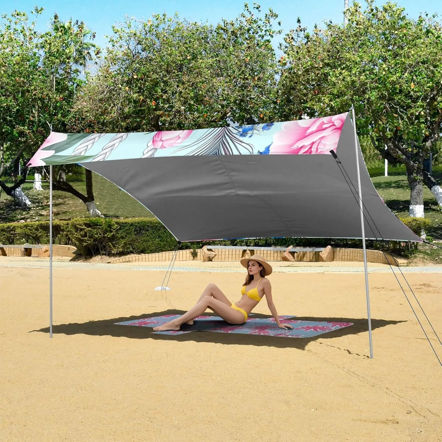 Canopy Beach Tent Outdoor Patio Shade Cute Large Travel Camping Sun Shelter with Poles Sand Anchor Sunshade 9.2 × 10.5 FT Floral Pink Peony Peacock Blue