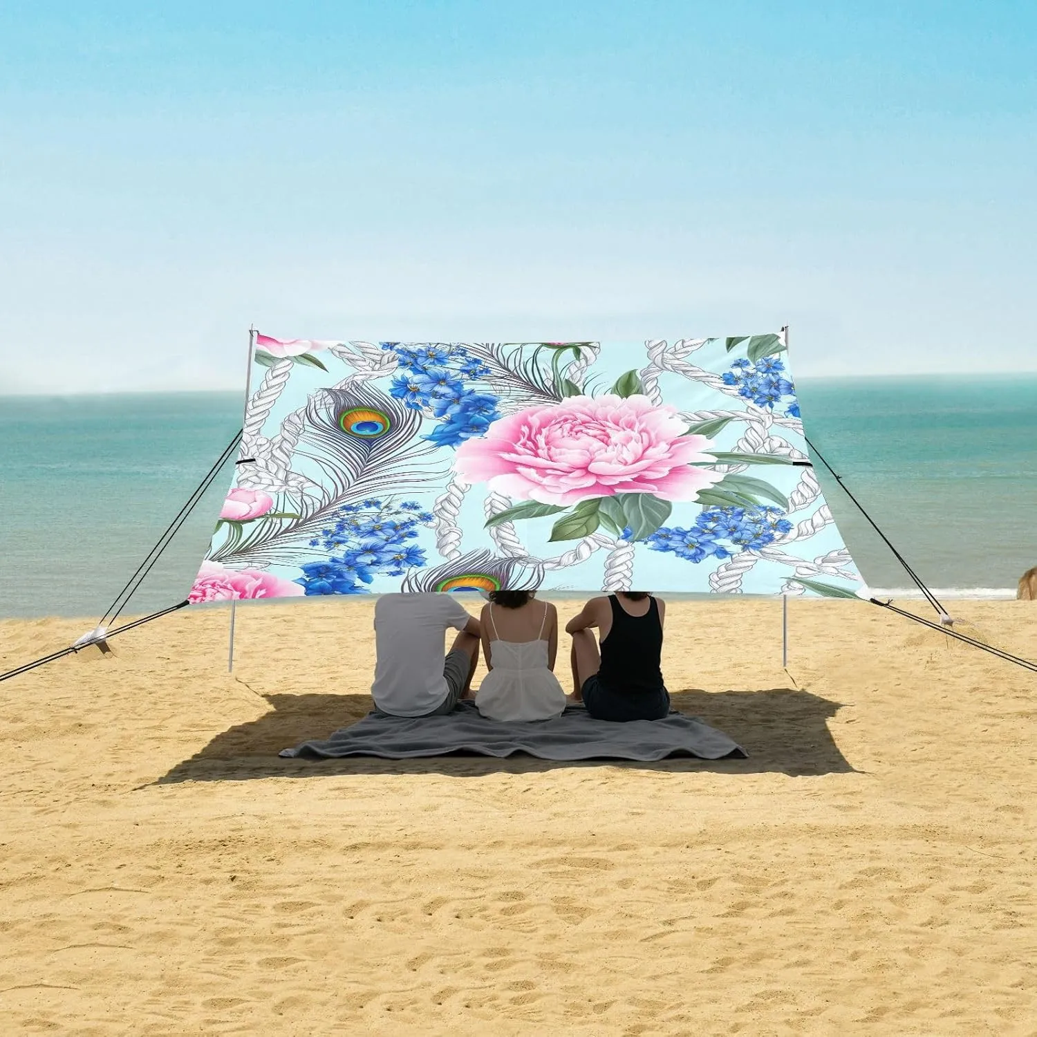 Canopy Beach Tent Outdoor Patio Shade Cute Large Travel Camping Sun Shelter with Poles Sand Anchor Sunshade 9.2 × 10.5 FT Floral Pink Peony Peacock Blue