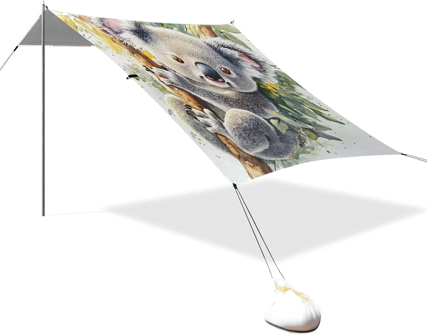 Canopy Beach Tent Outdoor Patio Sun Shade 9.2 × 10.5 FT Cute Koala Eucalyptus Forest Grey Camping Sun Shelter Yard Decorative Canopies with Sand Bags Poles