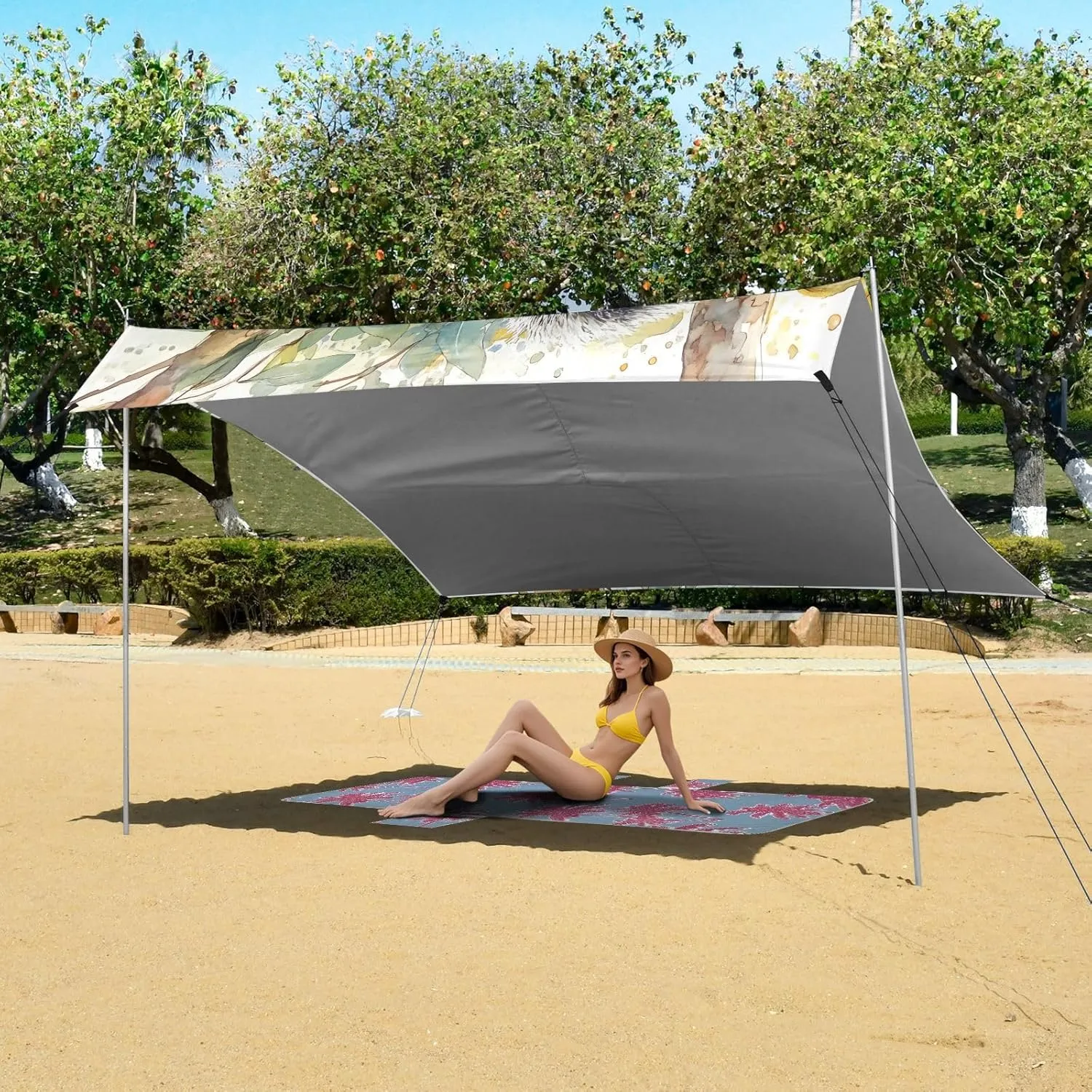 Canopy Beach Tent Outdoor Patio Sun Shade 9.2 × 10.5 FT Cute Koala Eucalyptus Forest Grey Camping Sun Shelter Yard Decorative Canopies with Sand Bags Poles