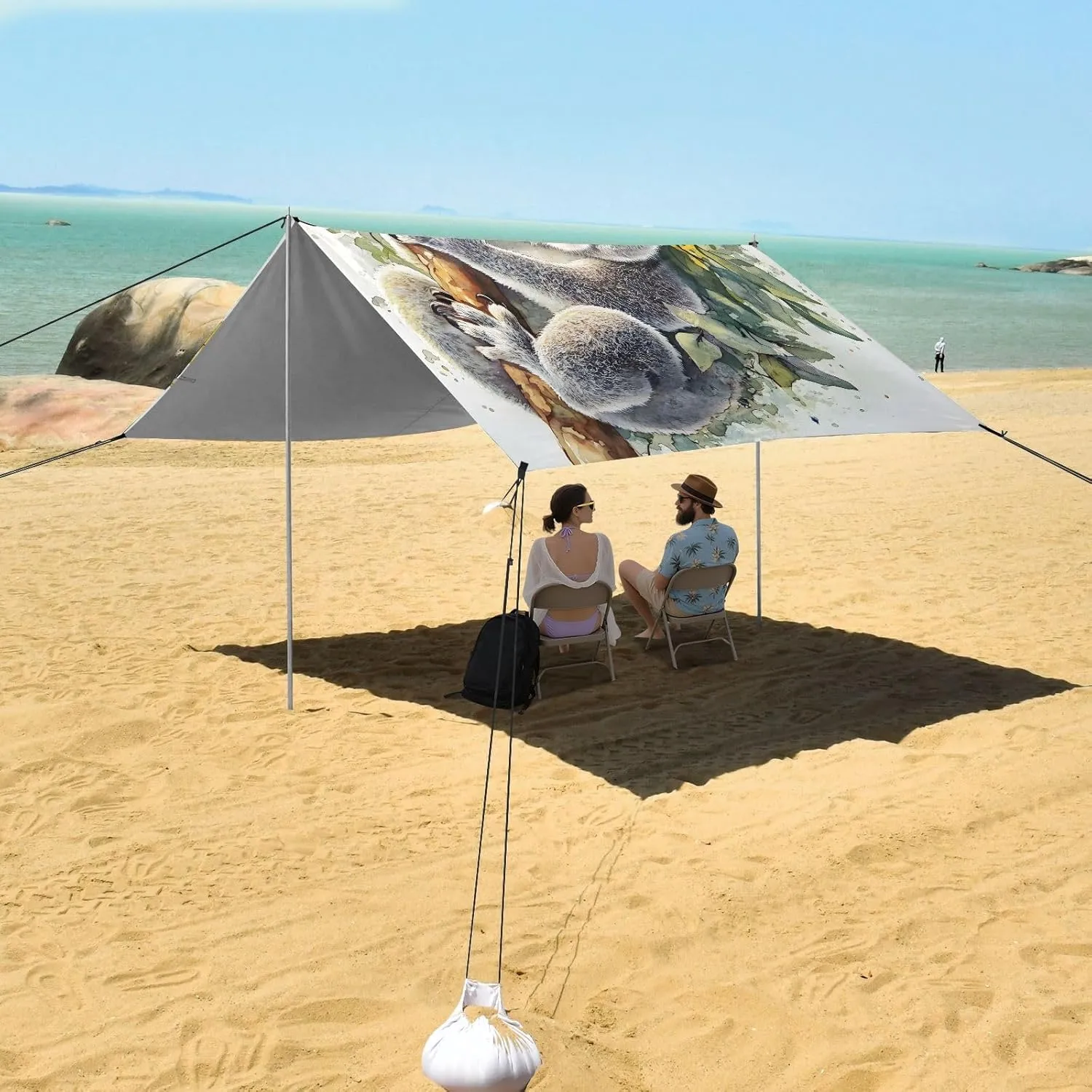 Canopy Beach Tent Outdoor Patio Sun Shade 9.2 × 10.5 FT Cute Koala Eucalyptus Forest Grey Camping Sun Shelter Yard Decorative Canopies with Sand Bags Poles