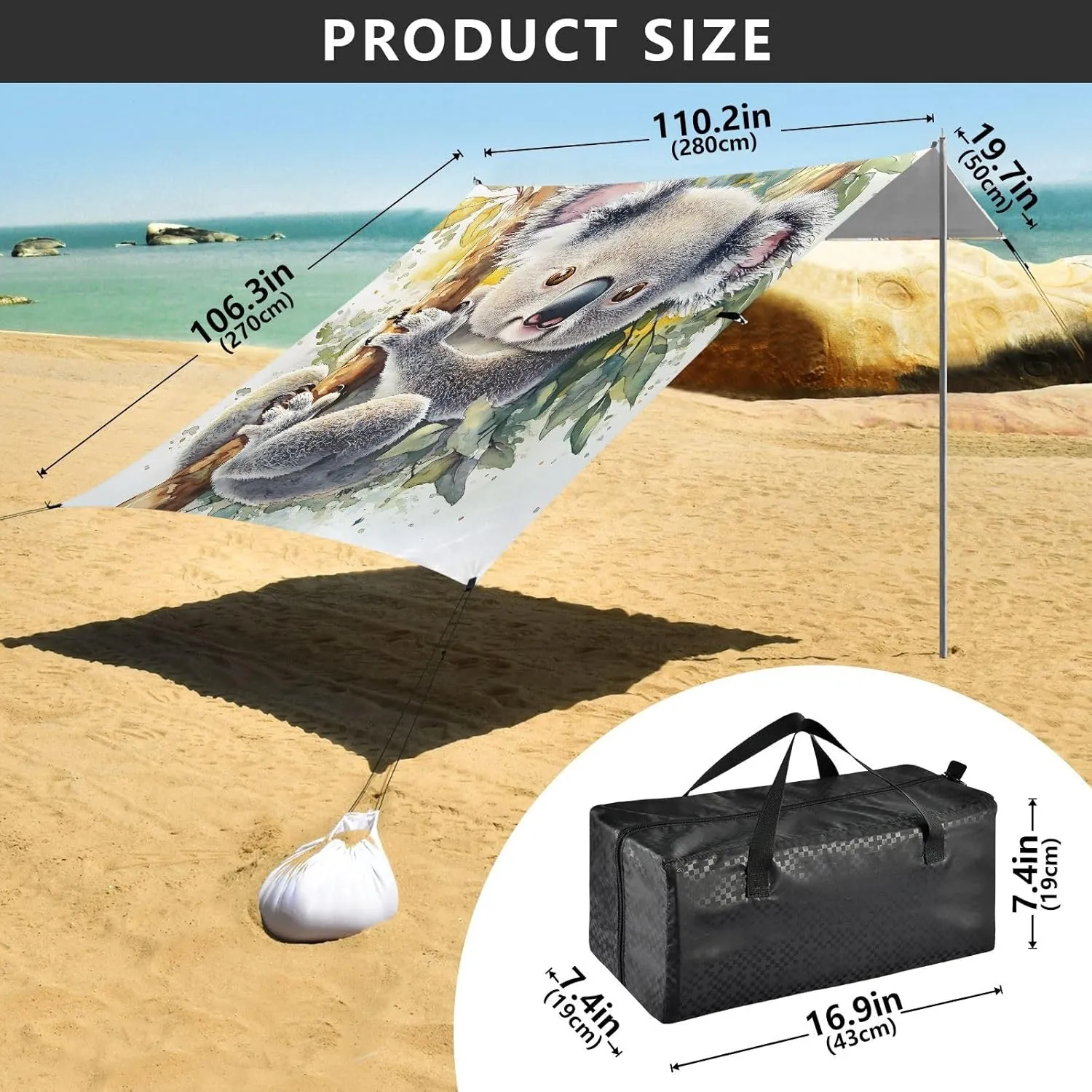 Canopy Beach Tent Outdoor Patio Sun Shade 9.2 × 10.5 FT Cute Koala Eucalyptus Forest Grey Camping Sun Shelter Yard Decorative Canopies with Sand Bags Poles