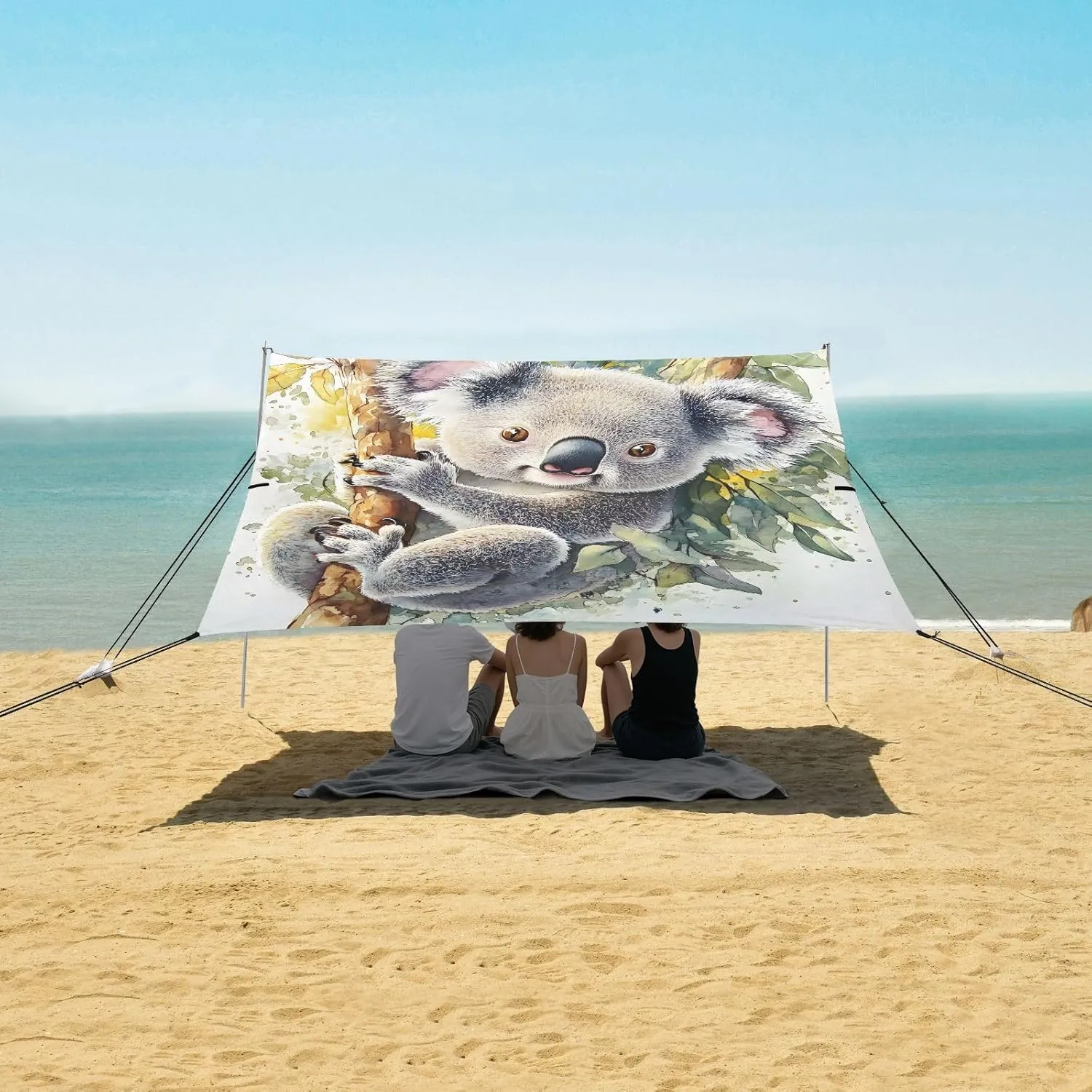 Canopy Beach Tent Outdoor Patio Sun Shade 9.2 × 10.5 FT Cute Koala Eucalyptus Forest Grey Camping Sun Shelter Yard Decorative Canopies with Sand Bags Poles