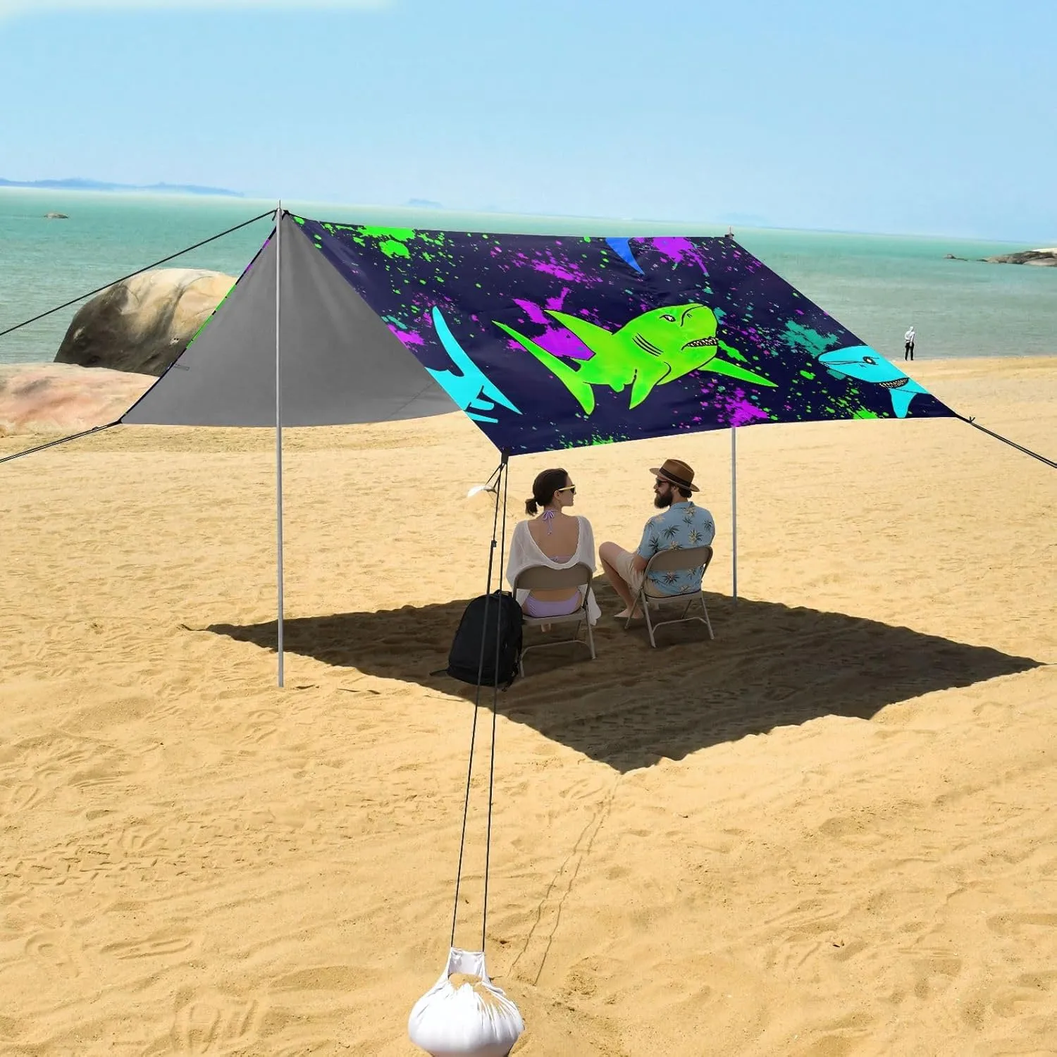 Canopy Beach Tent Sun Shade Outdoor Patio 9.2 × 10.5 FT Print Travel Camping Sun Shelter Sharks Neon Green Blue Dark Canopies with Sandbags Anchor