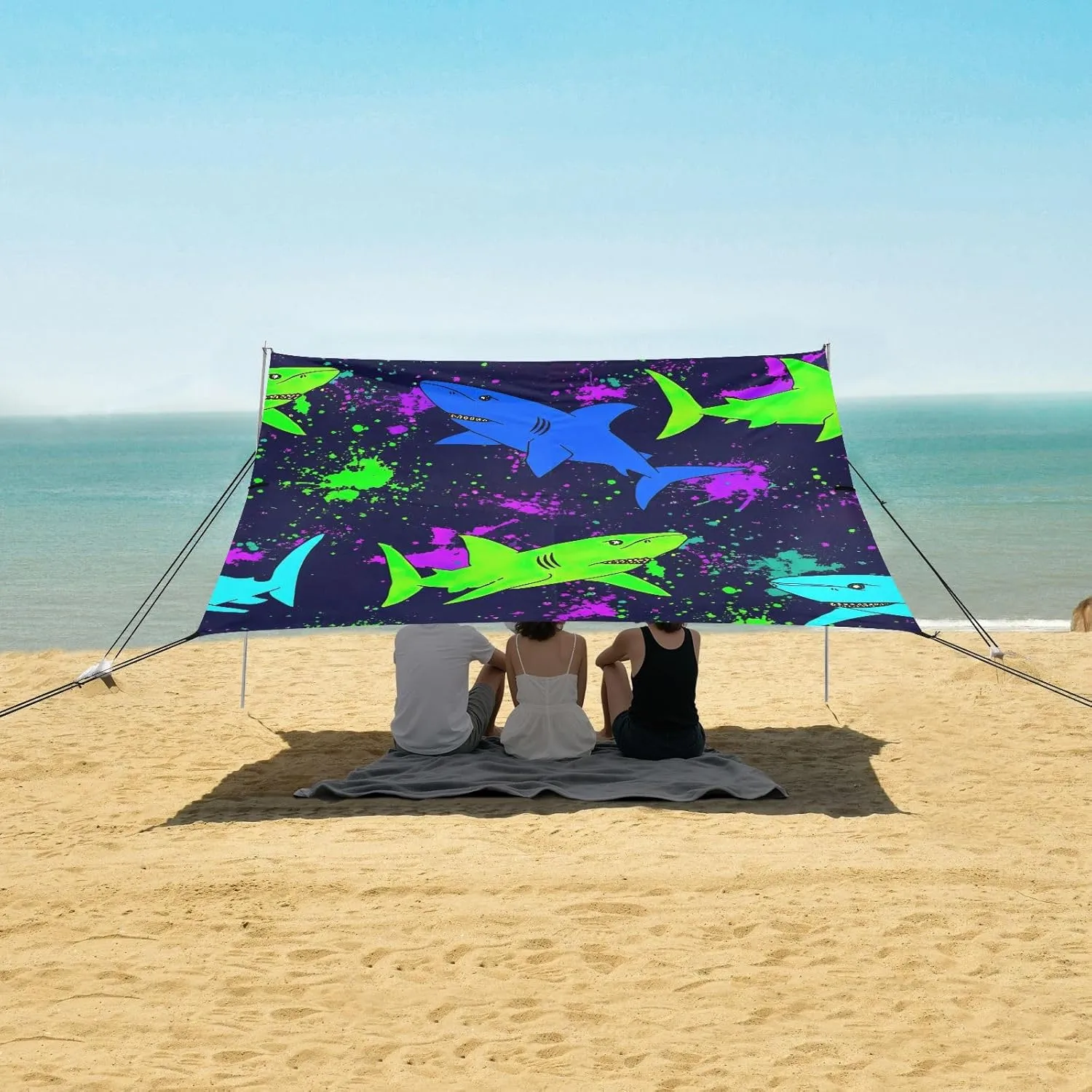 Canopy Beach Tent Sun Shade Outdoor Patio 9.2 × 10.5 FT Print Travel Camping Sun Shelter Sharks Neon Green Blue Dark Canopies with Sandbags Anchor