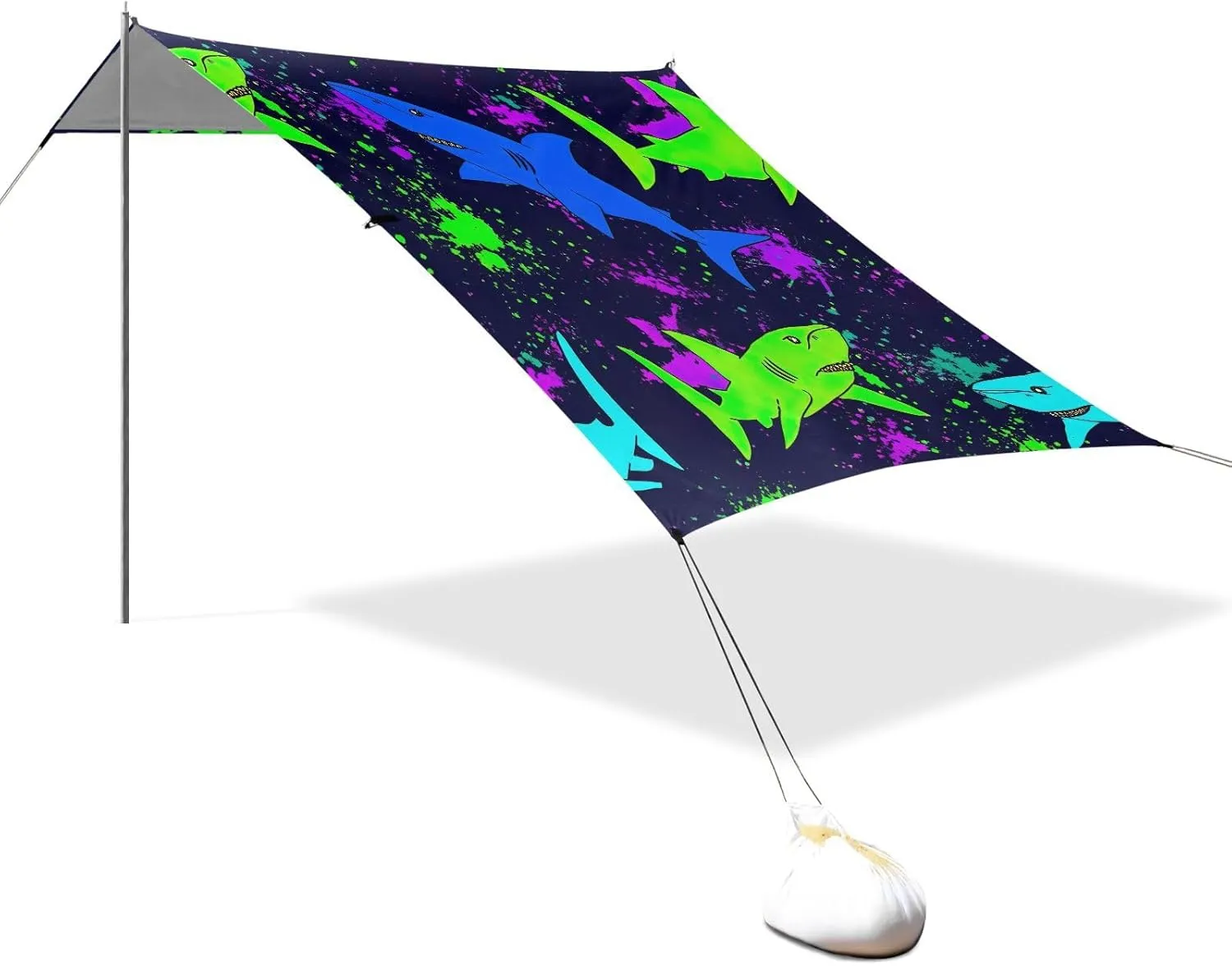 Canopy Beach Tent Sun Shade Outdoor Patio 9.2 × 10.5 FT Print Travel Camping Sun Shelter Sharks Neon Green Blue Dark Canopies with Sandbags Anchor
