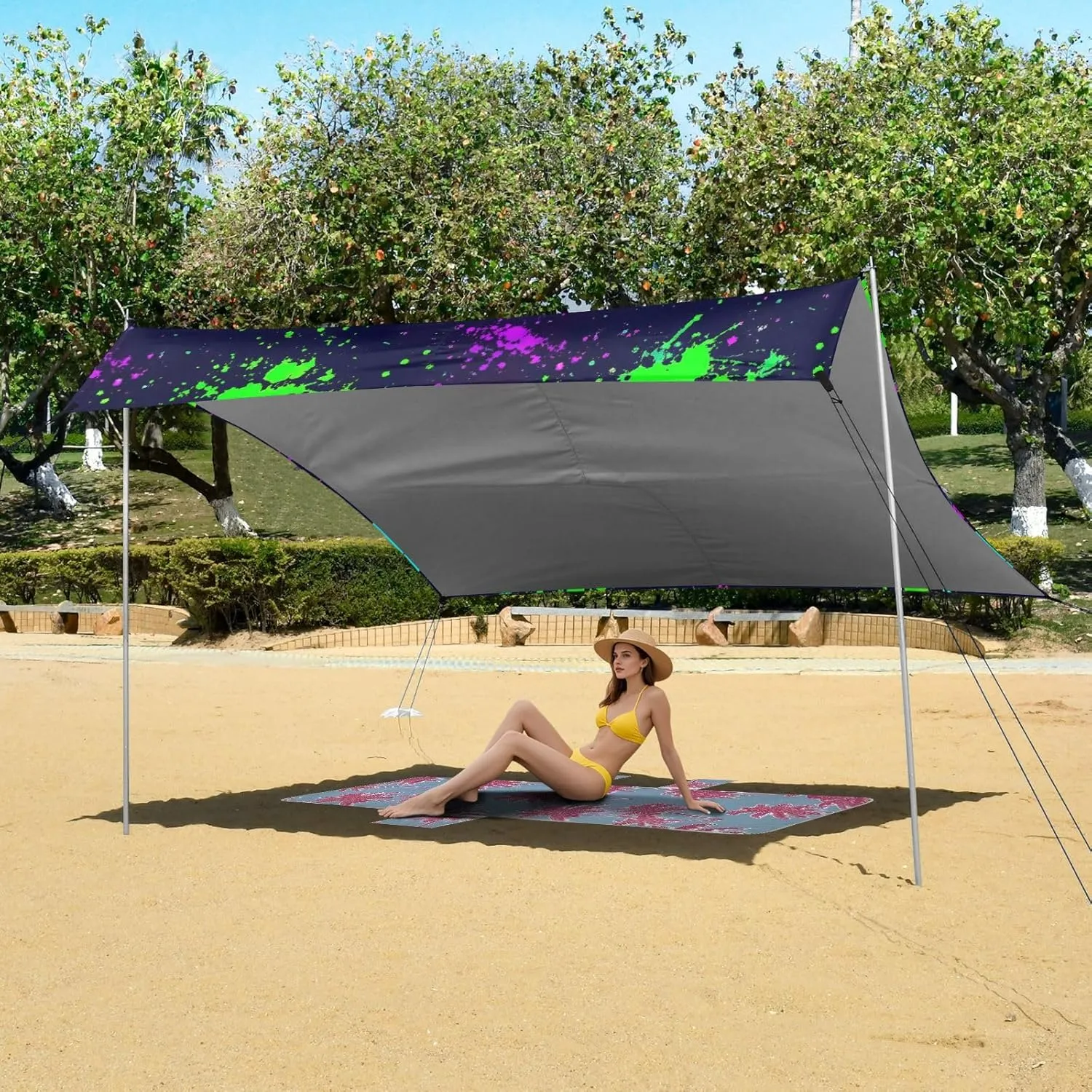 Canopy Beach Tent Sun Shade Outdoor Patio 9.2 × 10.5 FT Print Travel Camping Sun Shelter Sharks Neon Green Blue Dark Canopies with Sandbags Anchor