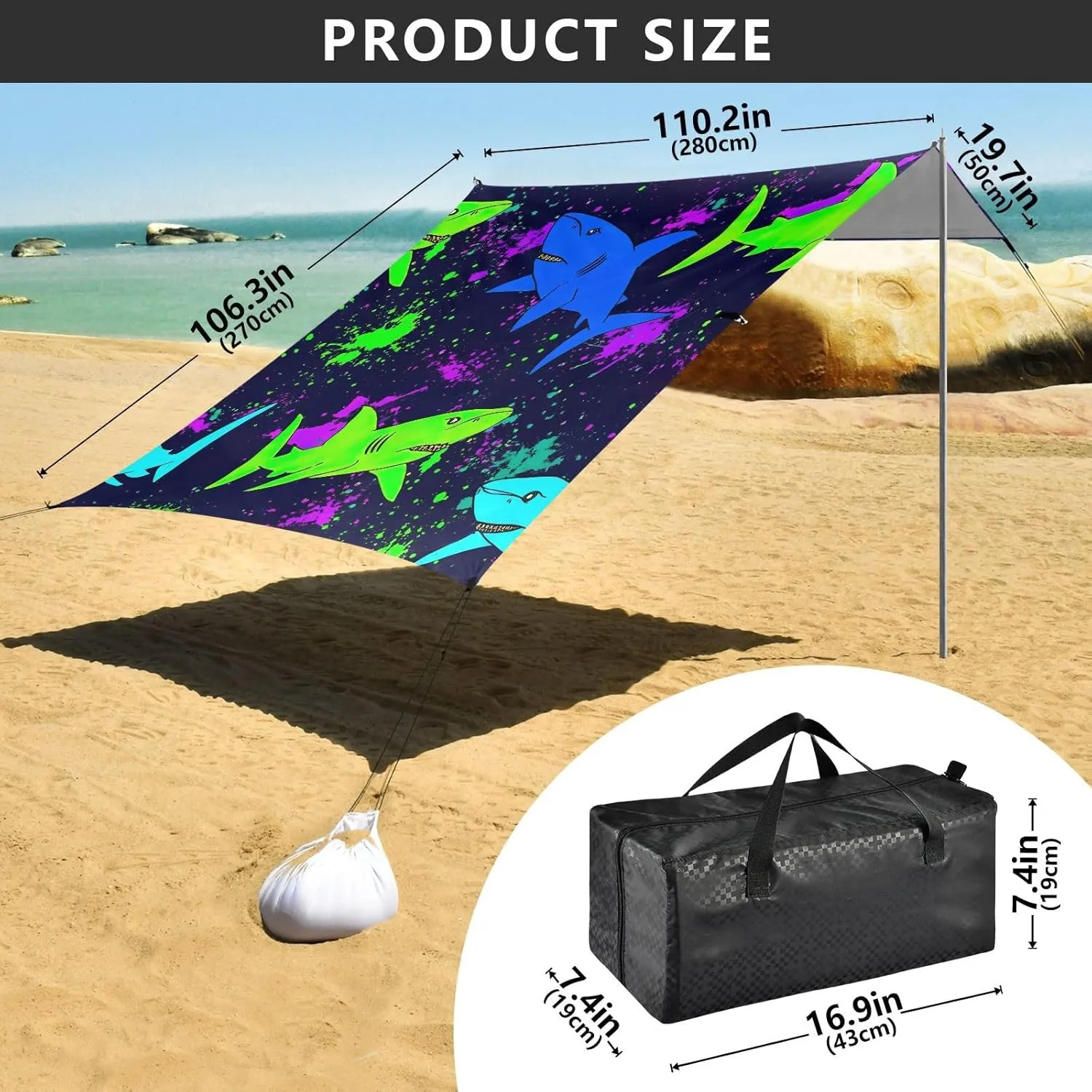 Canopy Beach Tent Sun Shade Outdoor Patio 9.2 × 10.5 FT Print Travel Camping Sun Shelter Sharks Neon Green Blue Dark Canopies with Sandbags Anchor