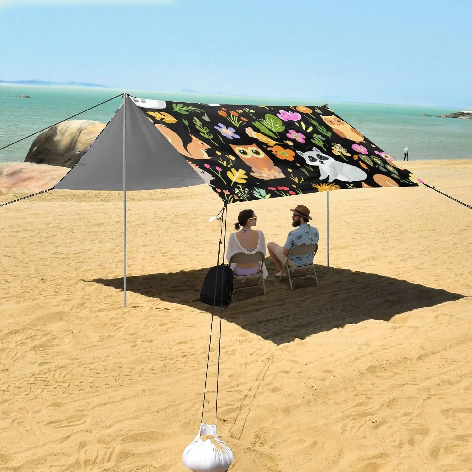 Canopy Tent Beach Outdoor Patio Sun Shade 9.2 × 10.5 FT Shades Camping Shelter Backyard Cute Woodland Animals Black Canopies with Poles Sandbags Easy