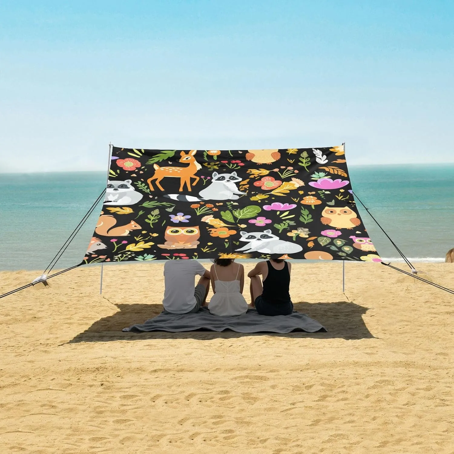 Canopy Tent Beach Outdoor Patio Sun Shade 9.2 × 10.5 FT Shades Camping Shelter Backyard Cute Woodland Animals Black Canopies with Poles Sandbags Easy